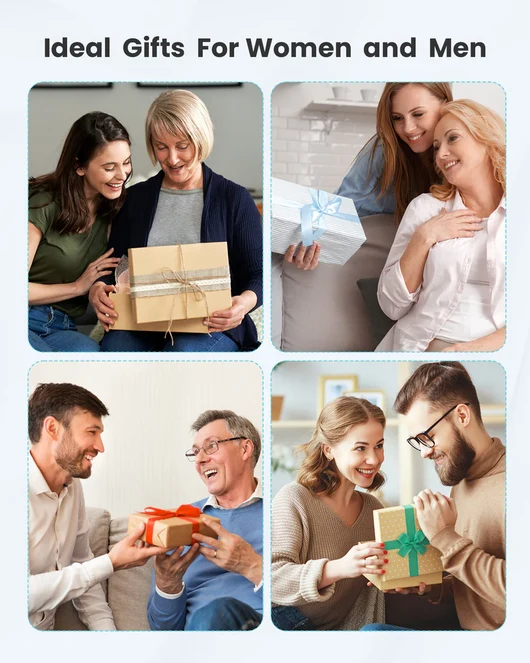A collage of four images showing men and women happily exchanging wrapped gifts with family and partners.