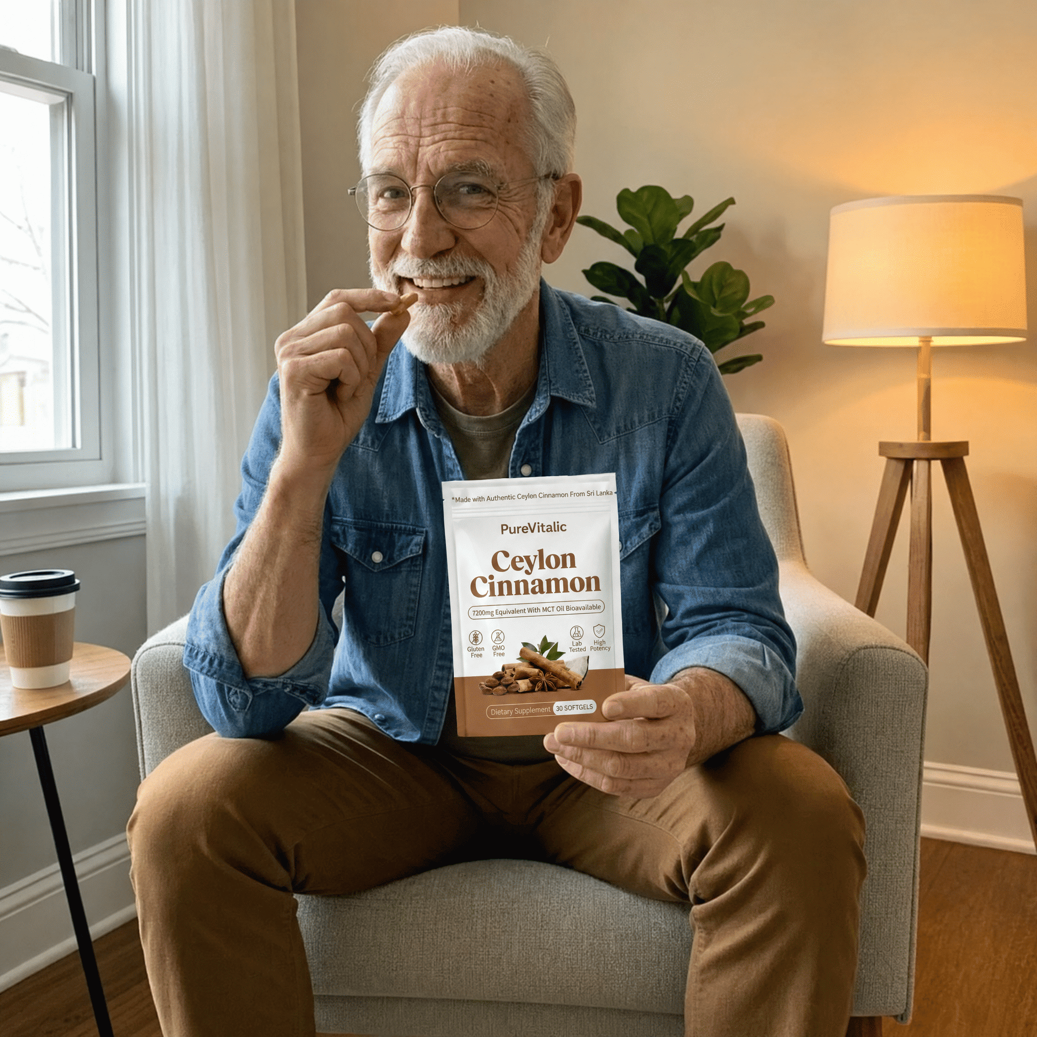 A smiling older man sits in a chair holding a bag of Ceylon Cinnamon supplements and one softgel.