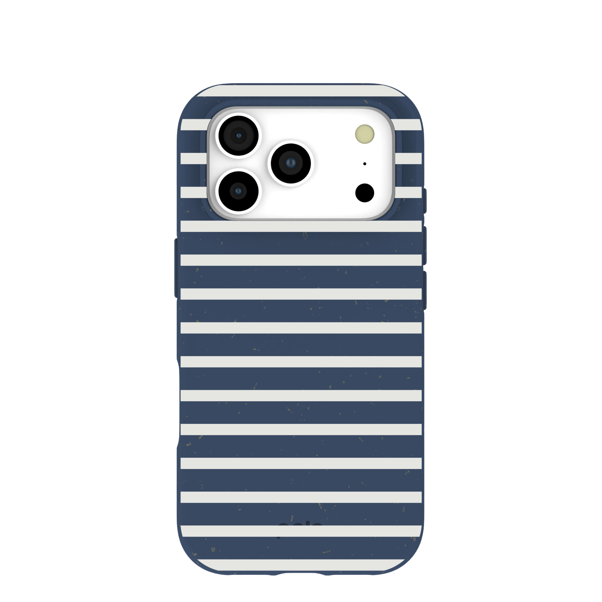 A smartphone in a dark blue and off-white horizontal striped case.