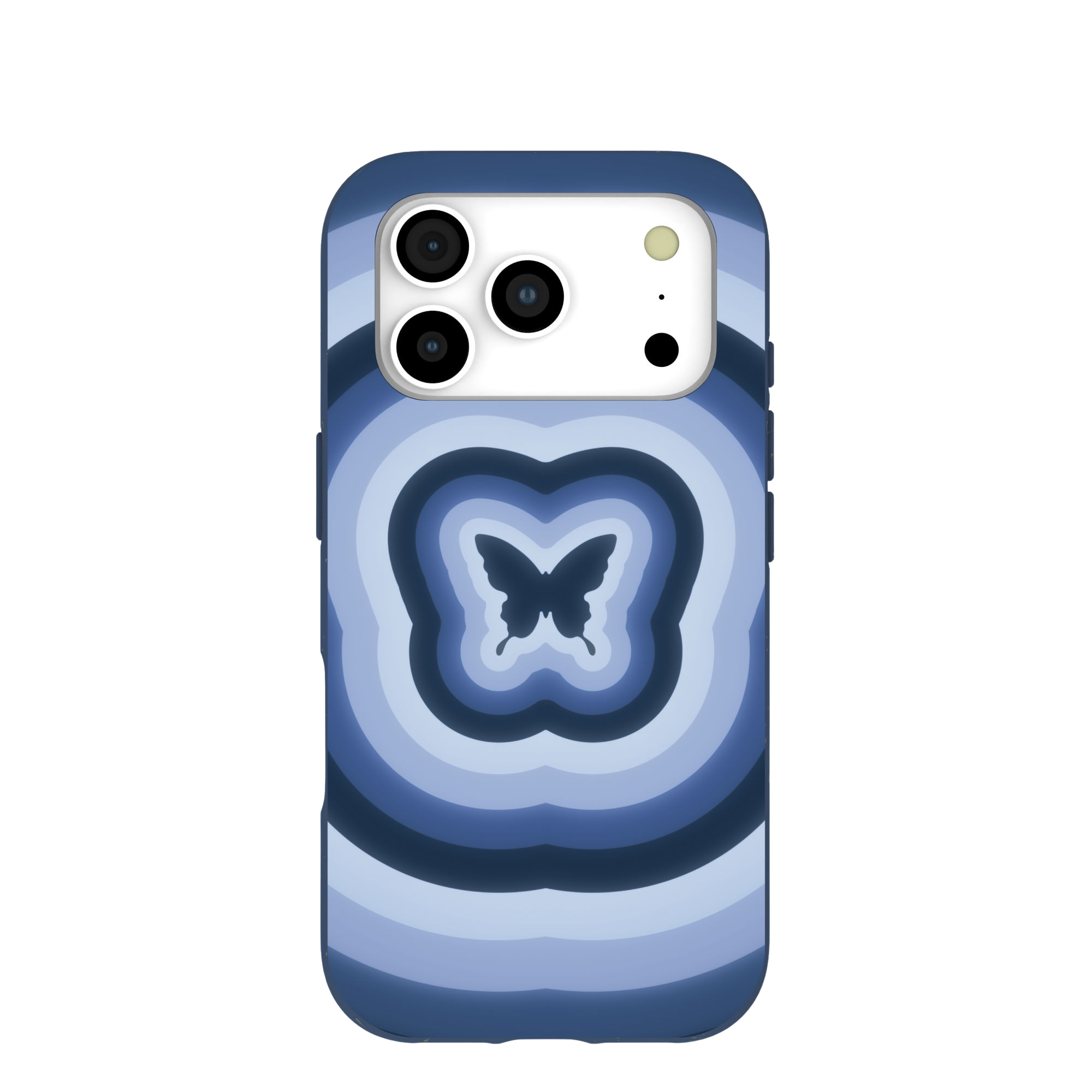 A blue phone case with a concentric butterfly pattern and a dark blue butterfly silhouette in the center.