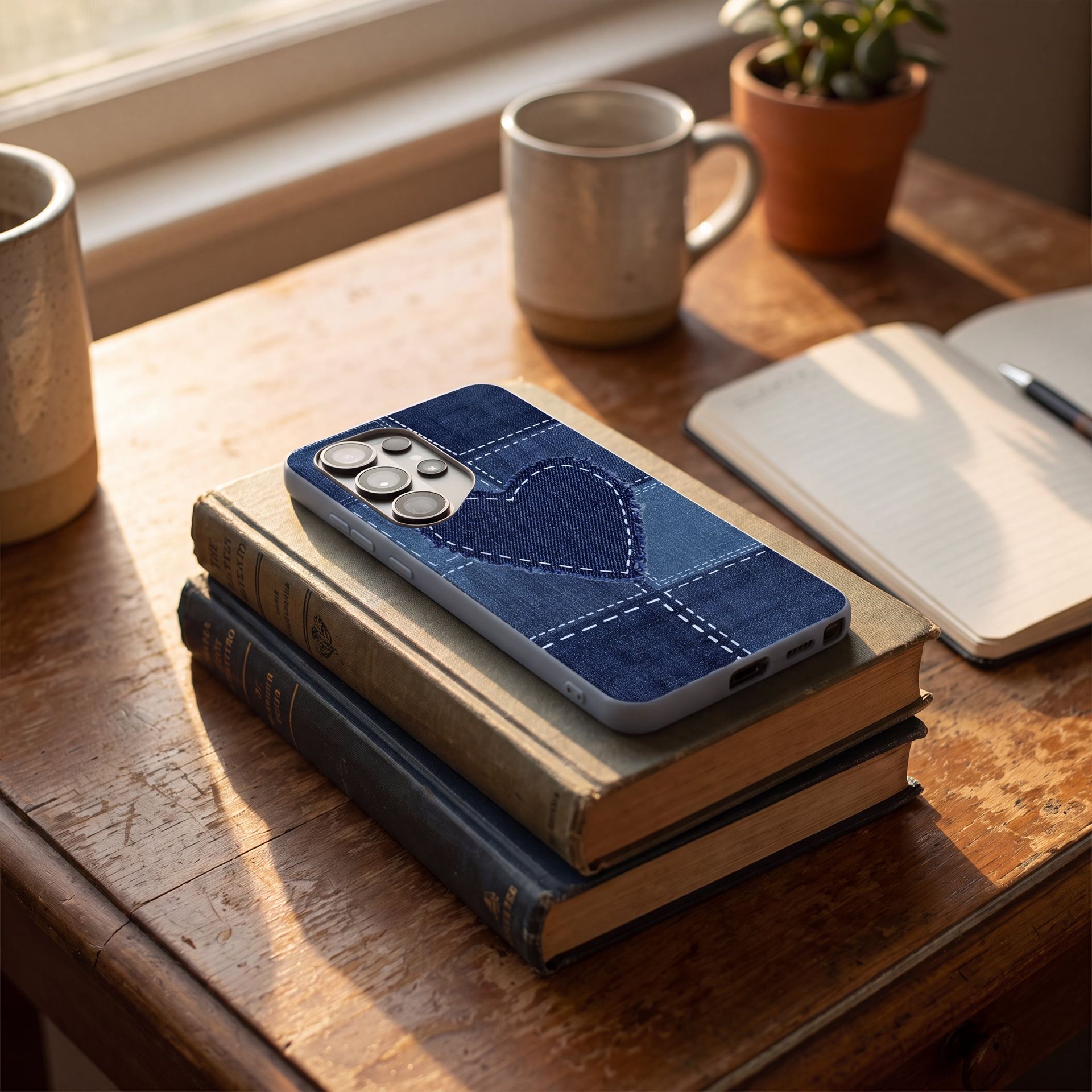 A smartphone in a blue denim case with a stitched heart sits on a stack of old books.