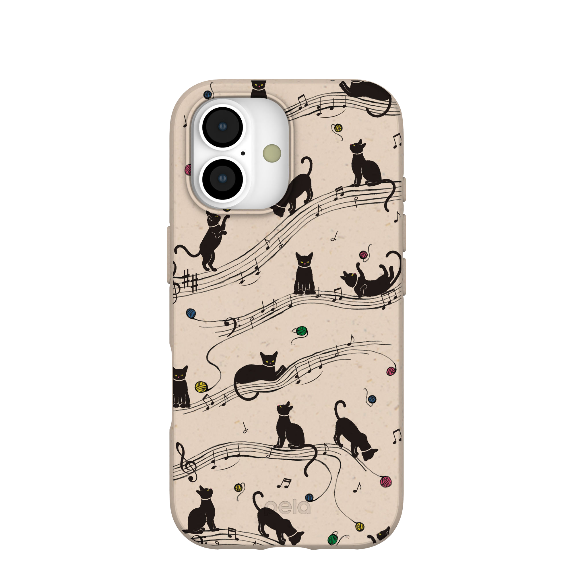 A phone case with a pattern of black cats, musical notes, and balls of yarn on it.