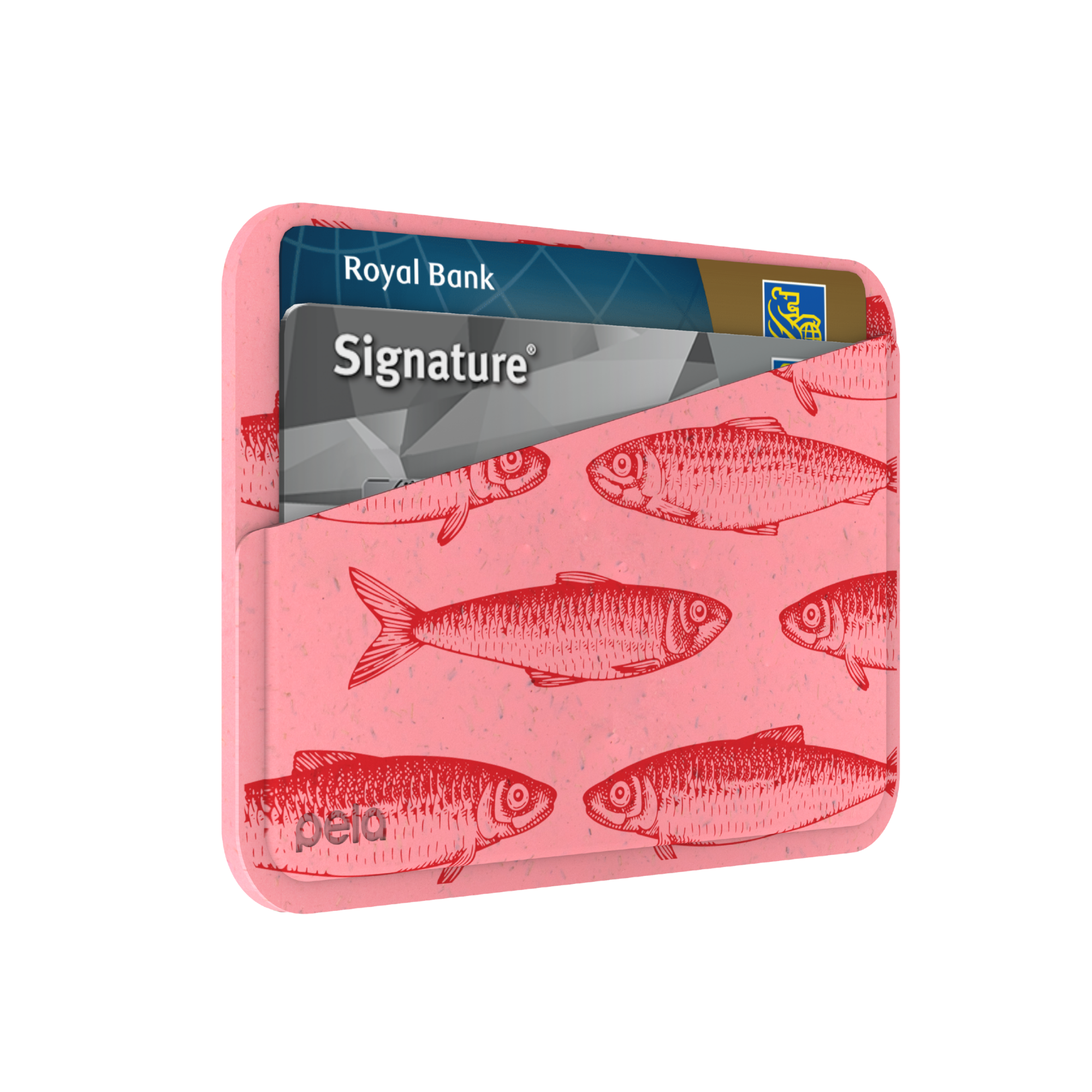 A pink cardholder with a red fish pattern holding two bank cards against a white background.