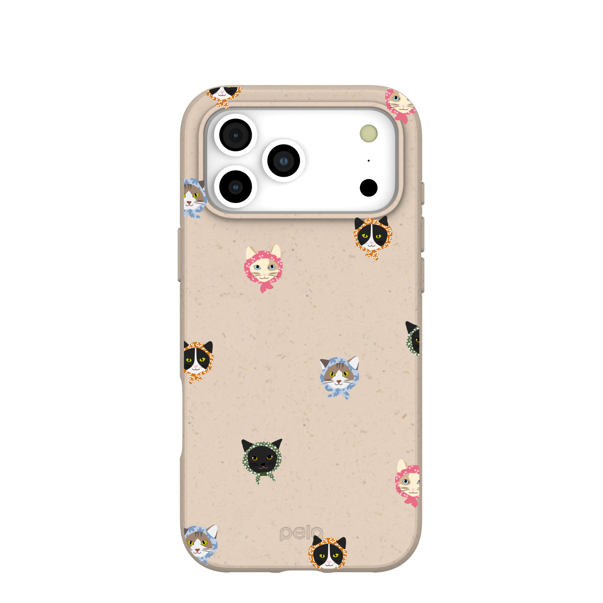 A beige phone case with a repeating pattern of cartoon cats wearing colorful, patterned bandanas.