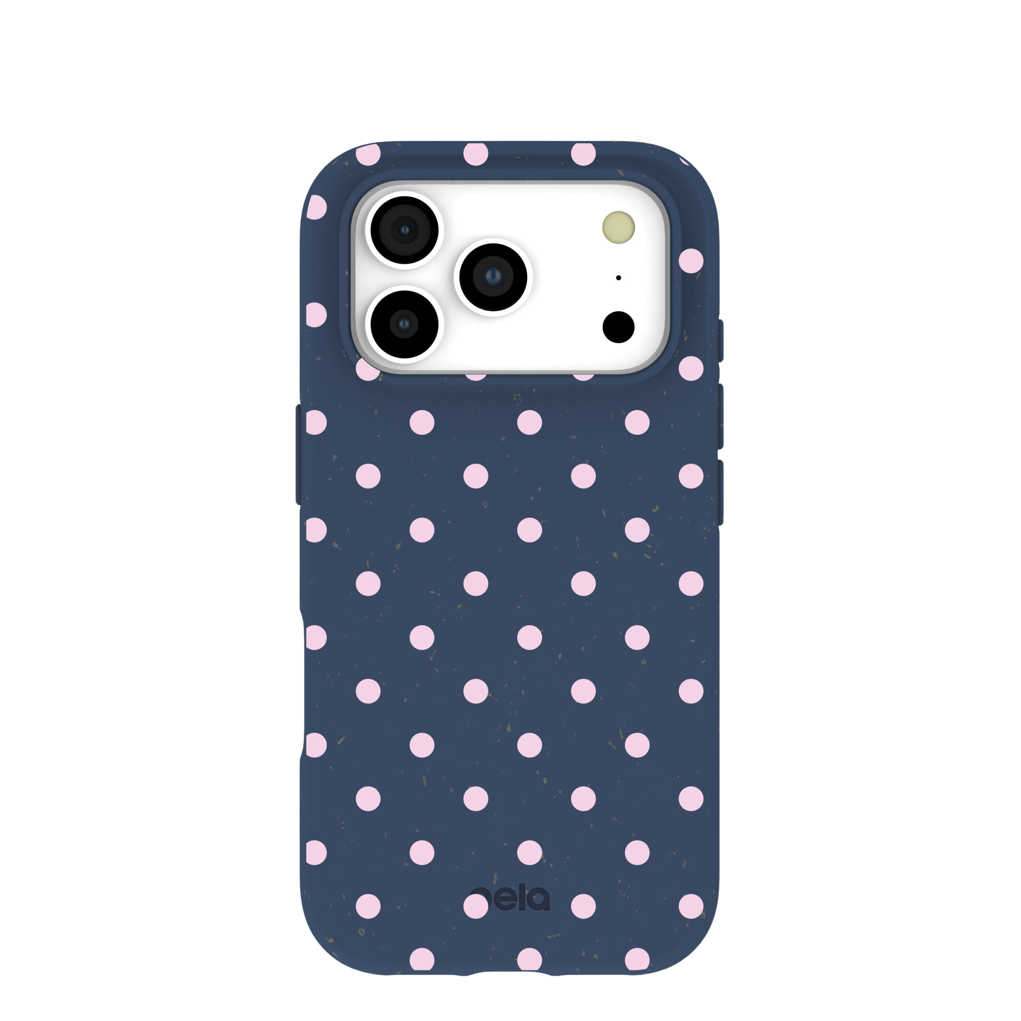 A dark blue phone case with a pink polka dot pattern and speckled texture.