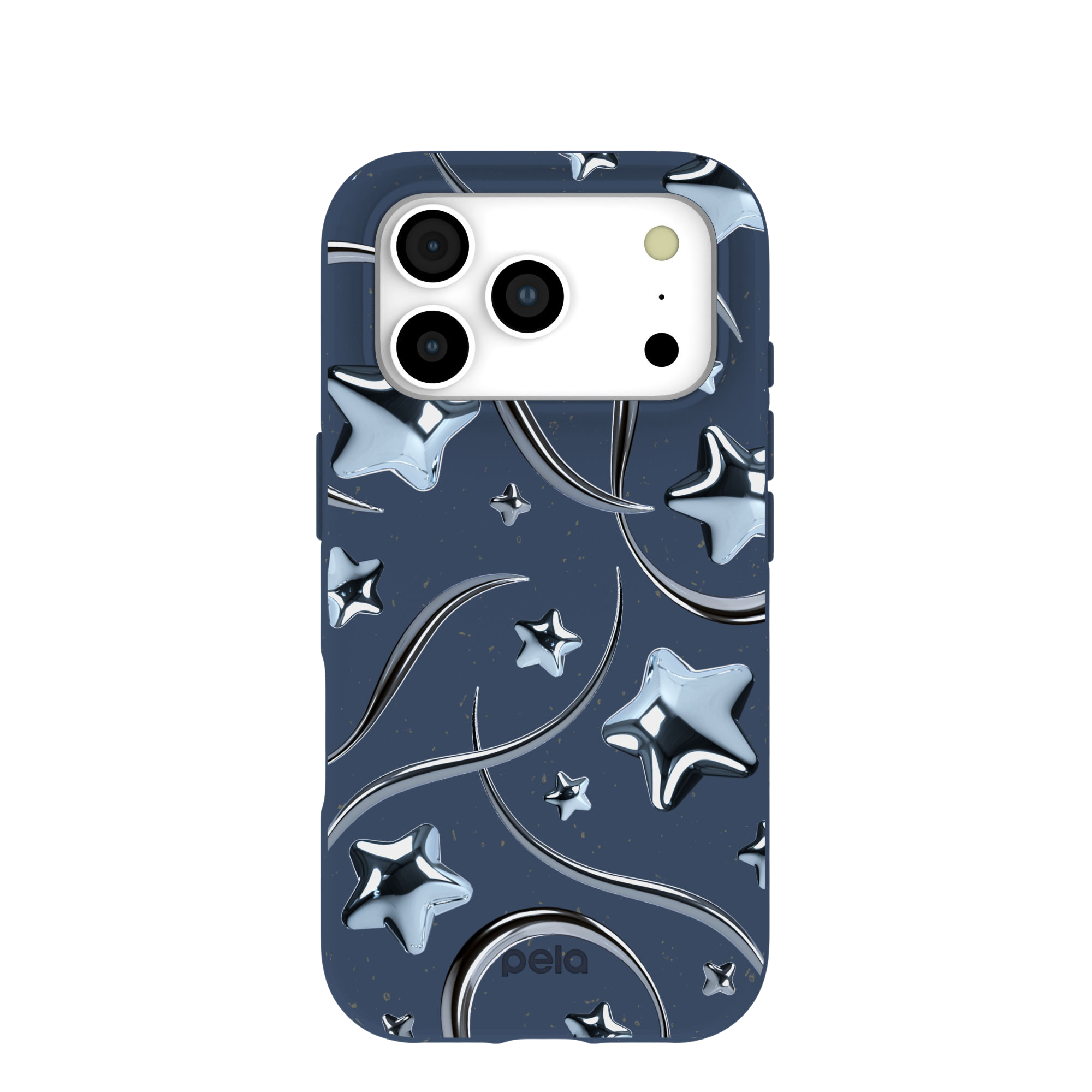 A dark blue phone case with a raised, chrome-like pattern of stars and flowing lines.