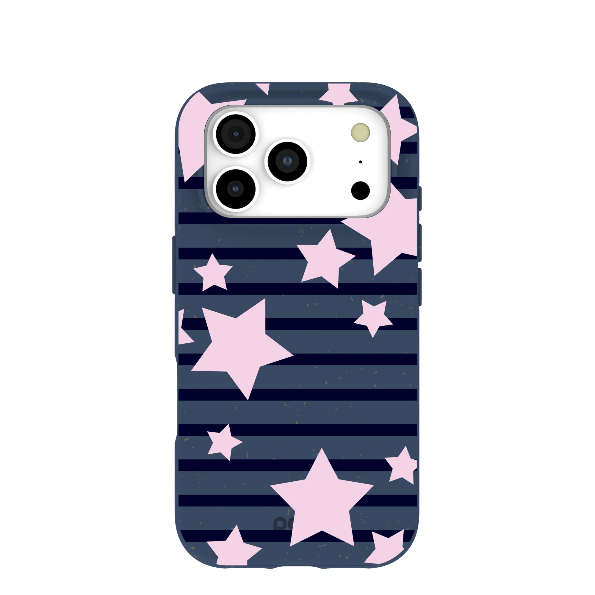 A dark blue phone case with horizontal stripes and a pattern of light pink stars.