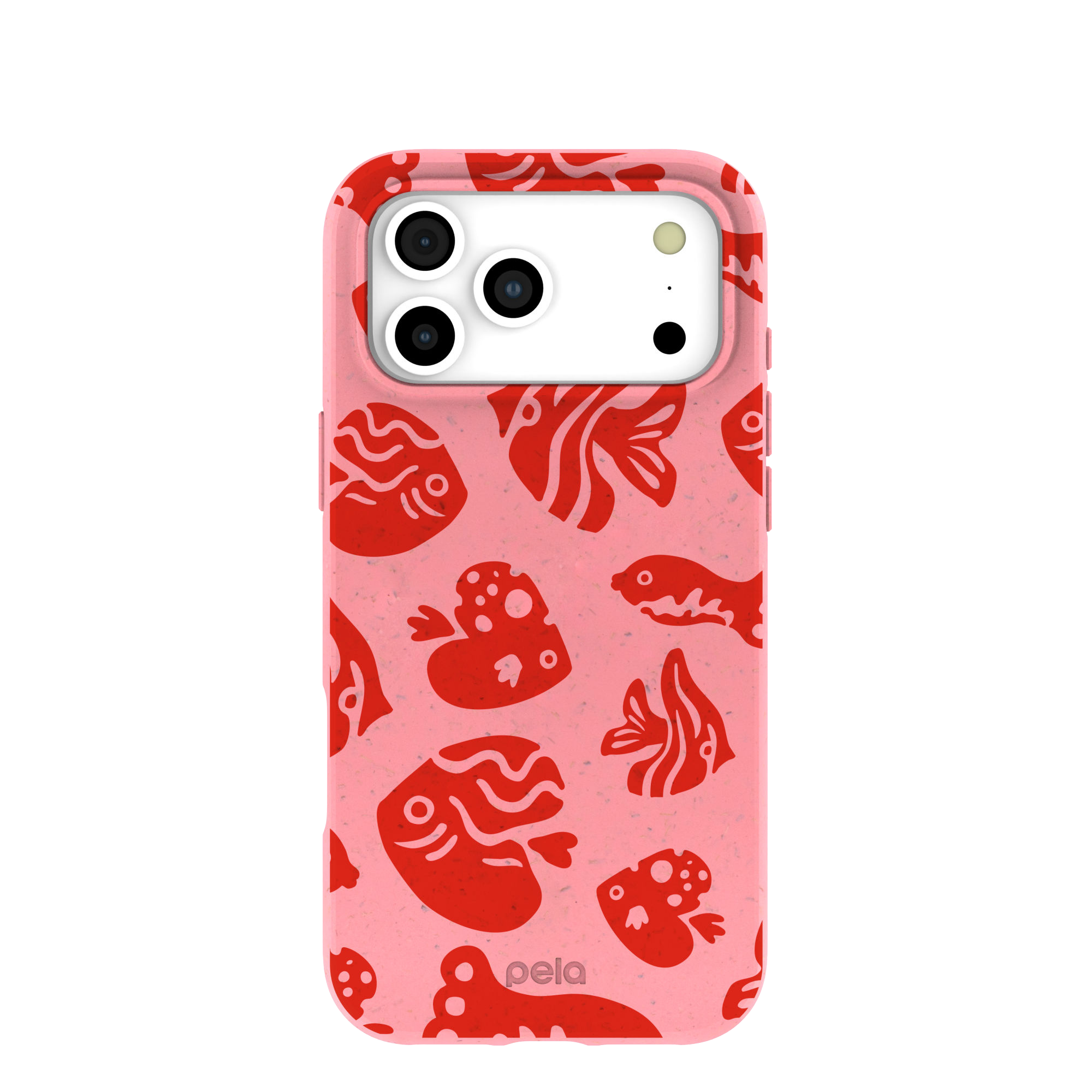 A pink phone case with a pattern of various stylized red fish.