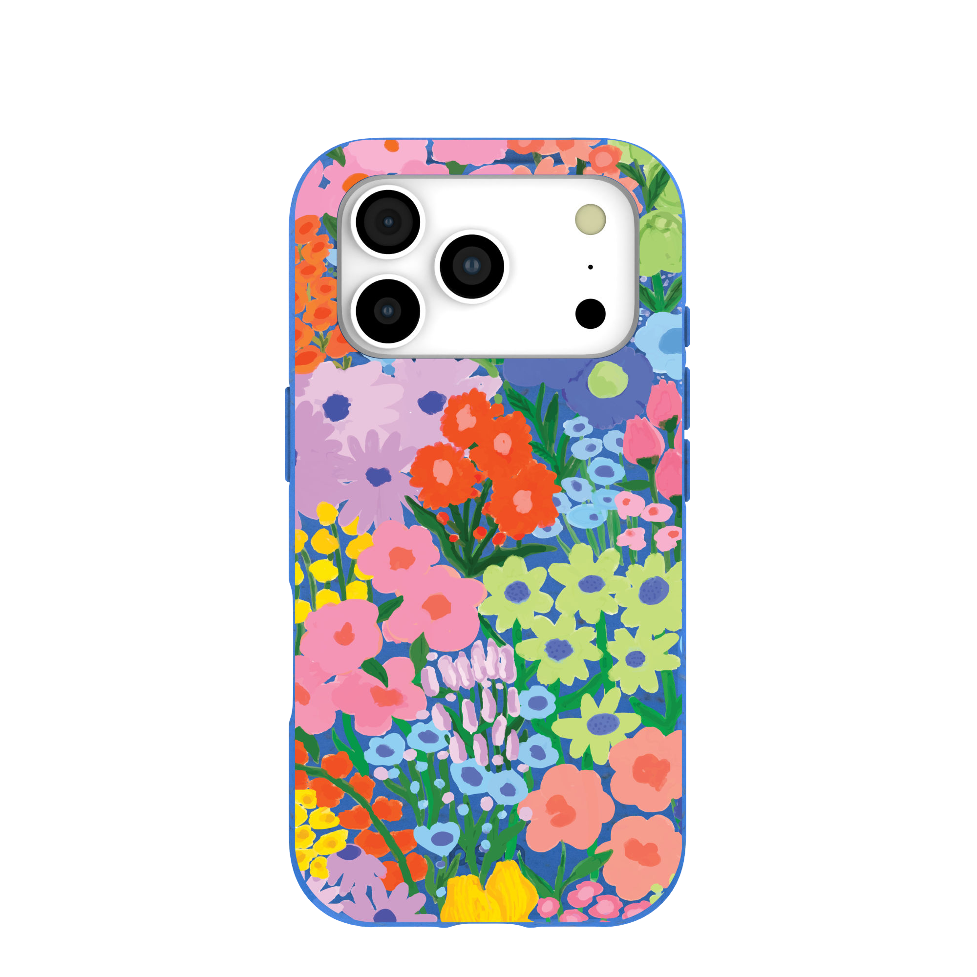 A blue phone case with a colorful, painted floral pattern, shown from the back against a white background.