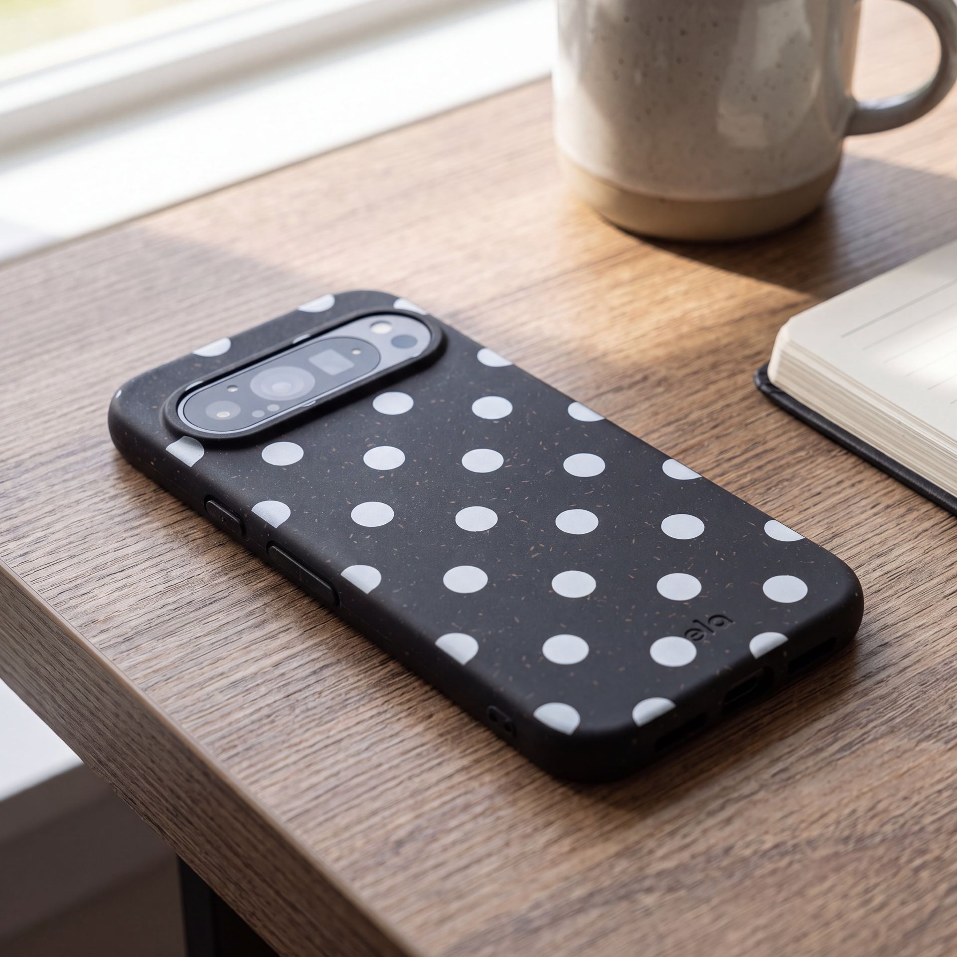 A black phone case with white polka dots on a wooden desk next to a mug and notebook.
