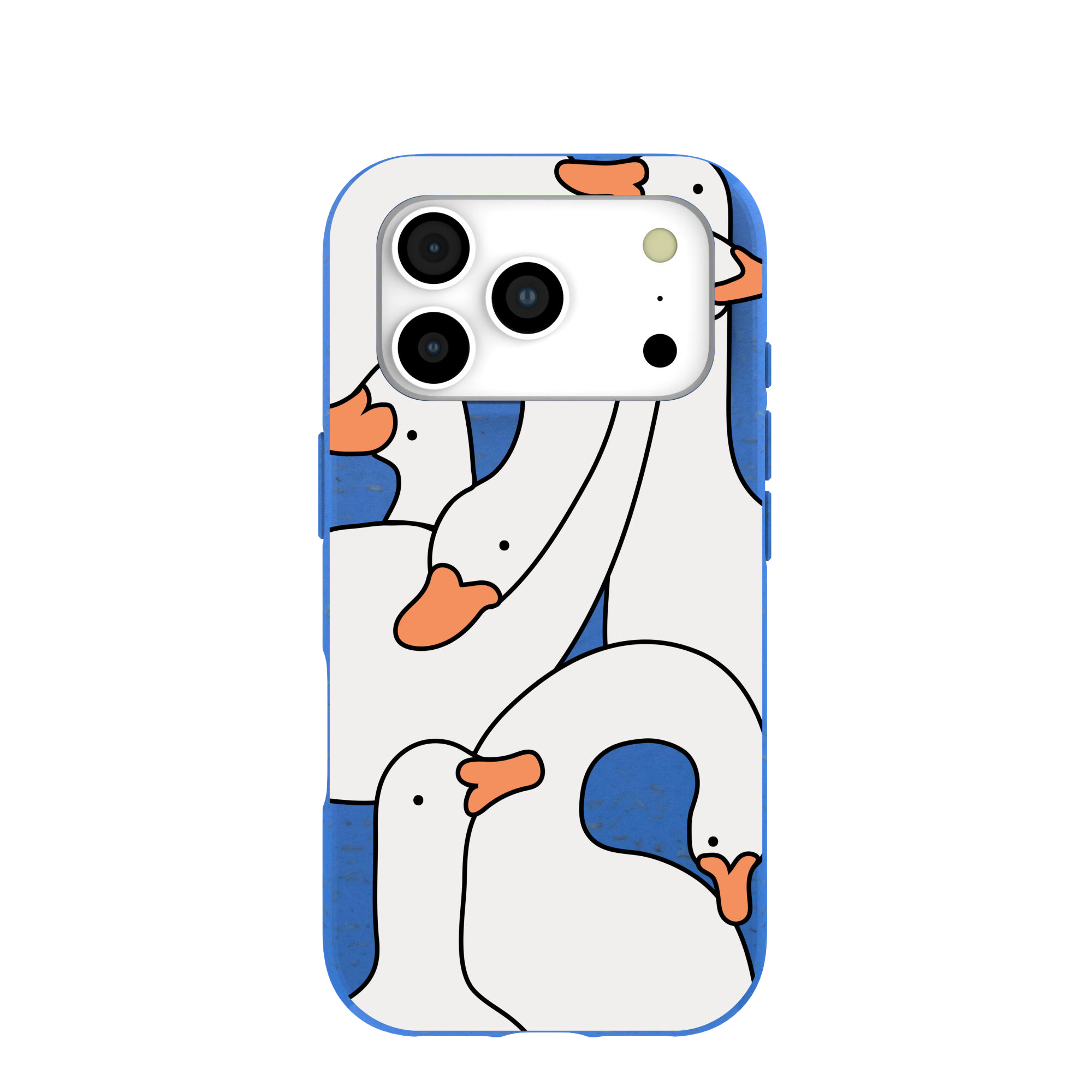 A blue phone case with a pattern of cartoon white geese, shown on a smartphone.