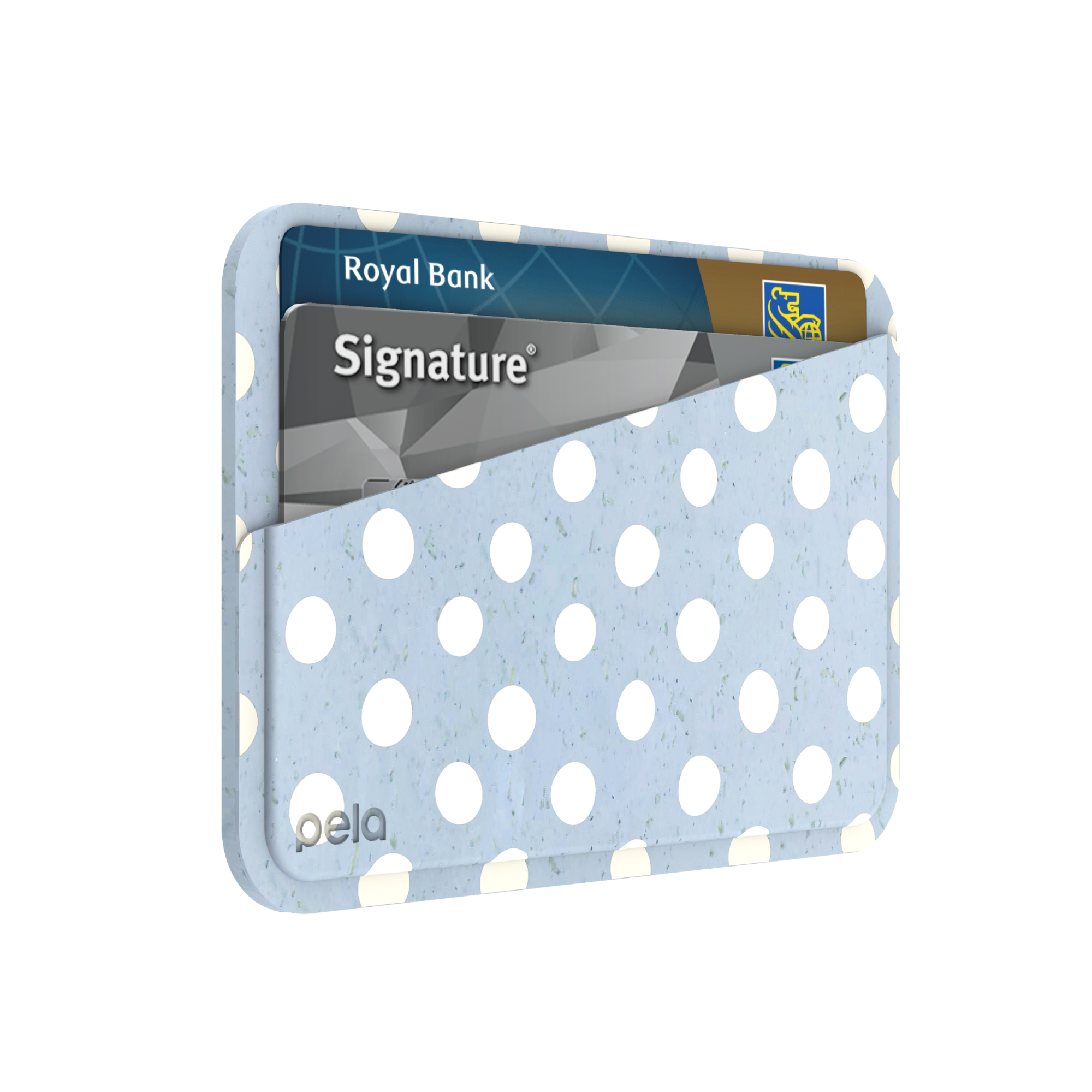 A light blue and white polka dot Pela card holder with two credit cards inside.