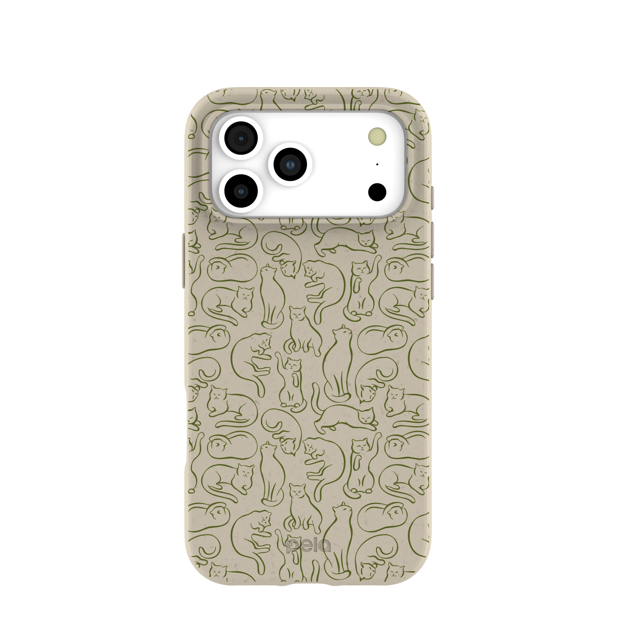 A beige phone case with a repeating pattern of green line drawings of cats.