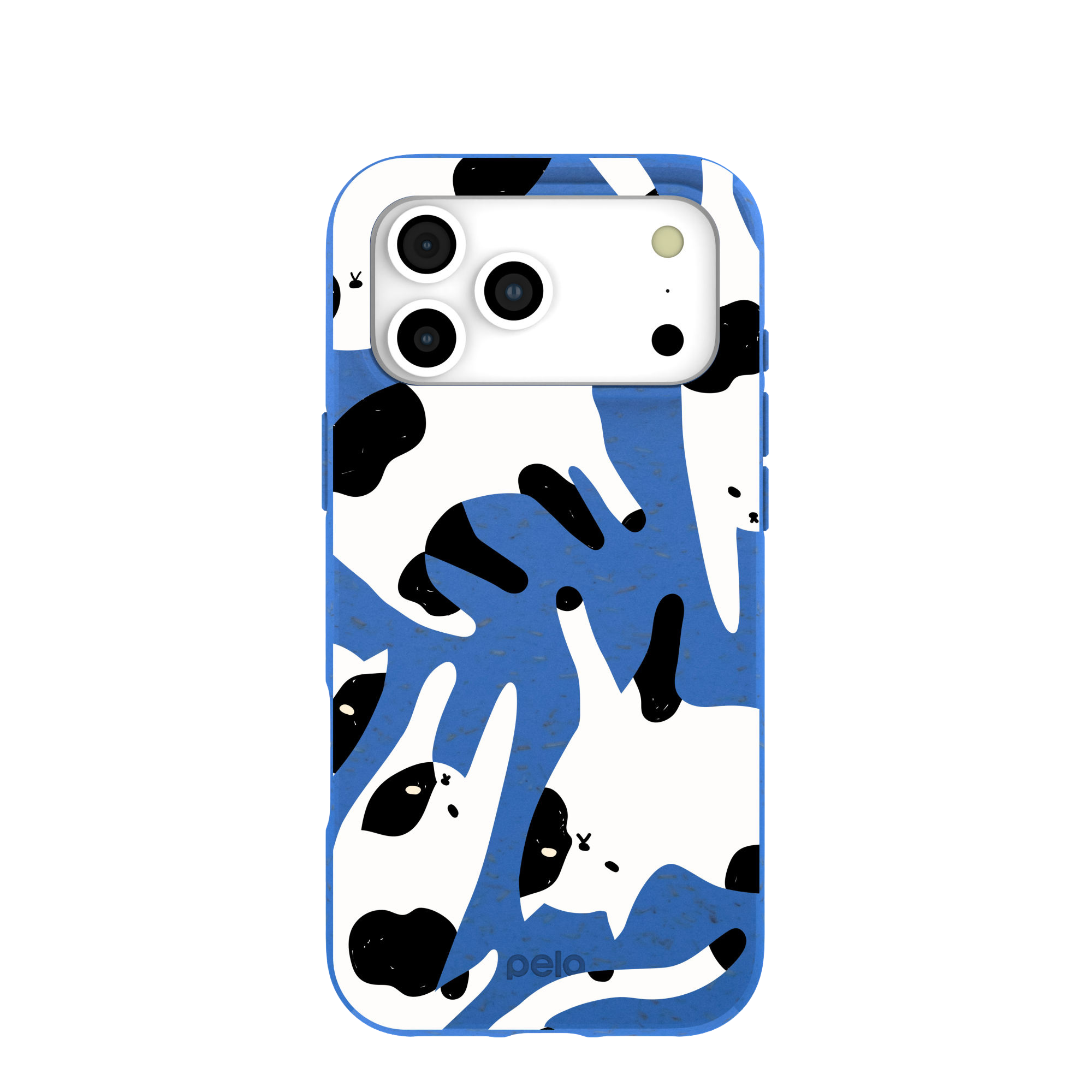A blue phone case with a pattern of cartoonish white and black dogs.