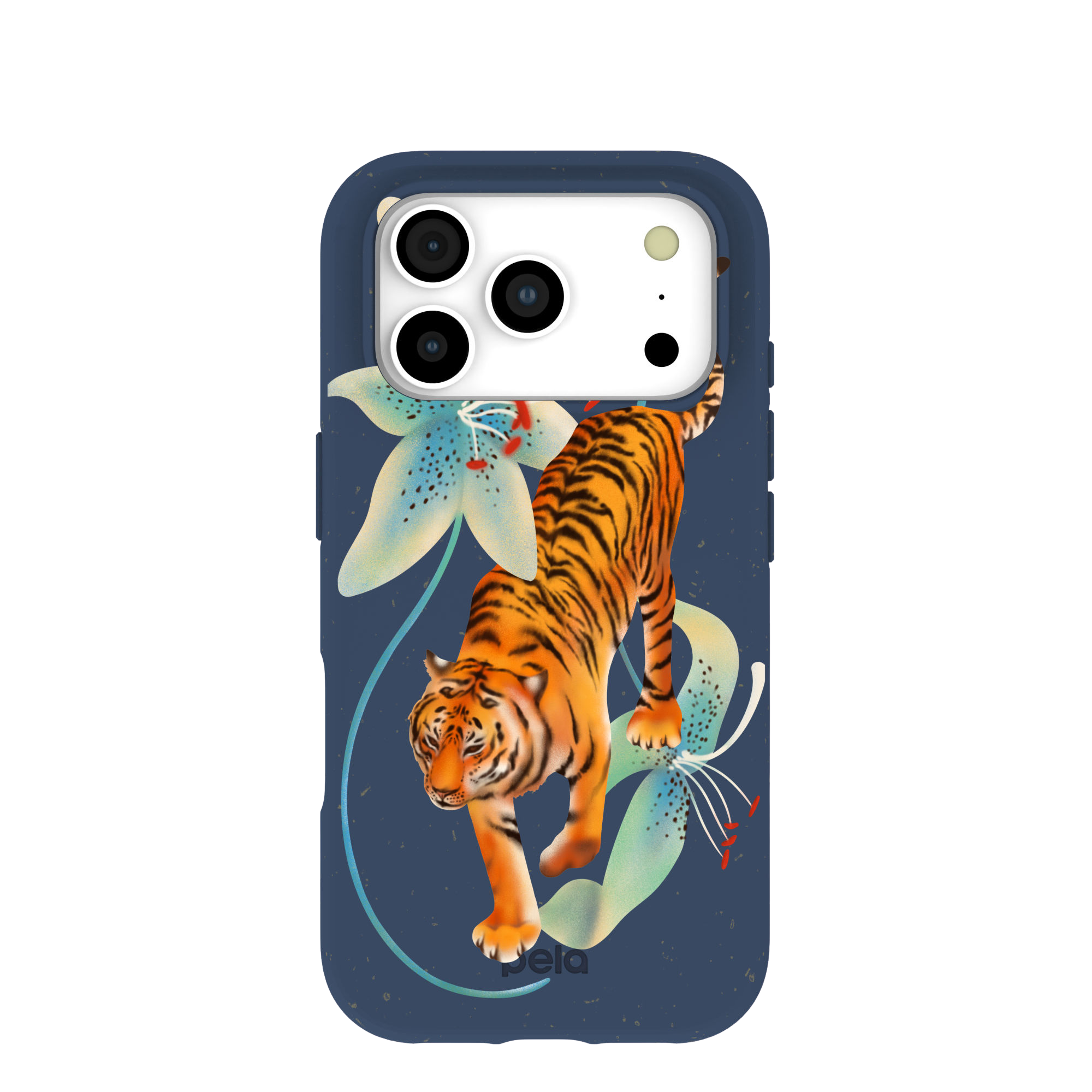 A dark blue phone case with an illustration of a tiger walking among light blue lilies.