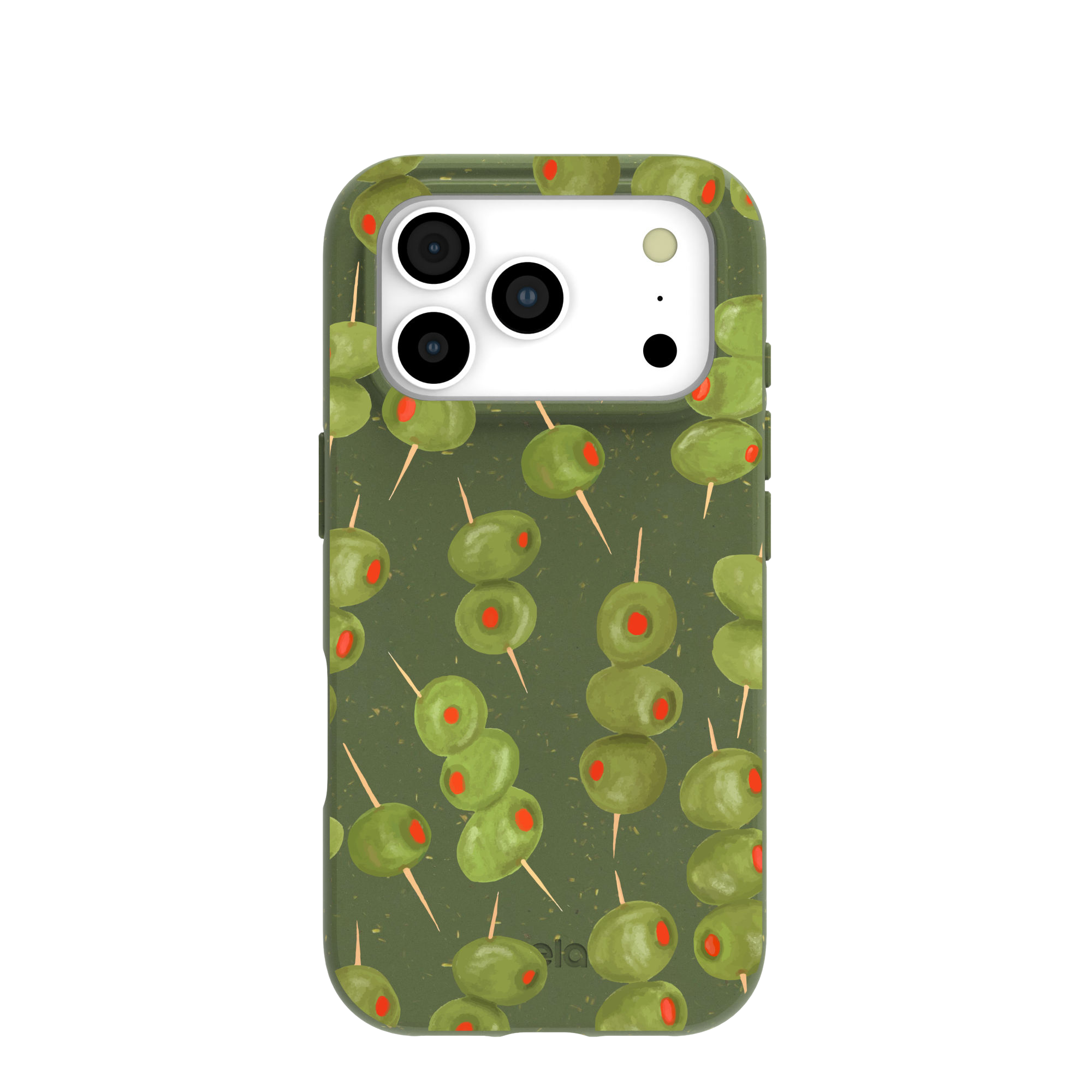 A dark green iPhone case with a repeating pattern of pimento-stuffed green olives on toothpicks.