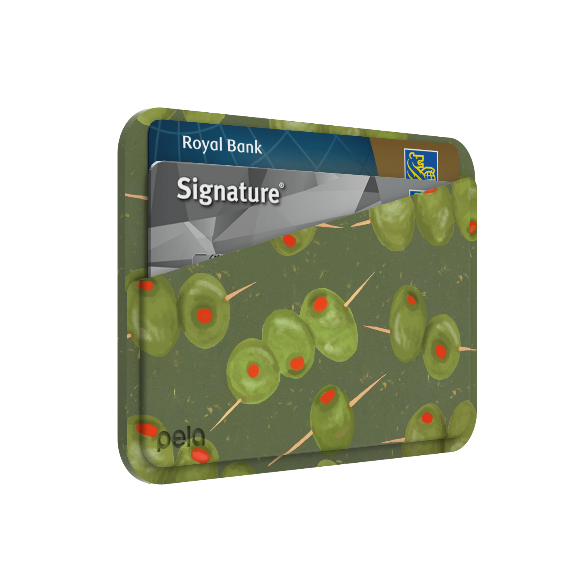 A green card wallet with an olive pattern holding two credit cards against a white background.