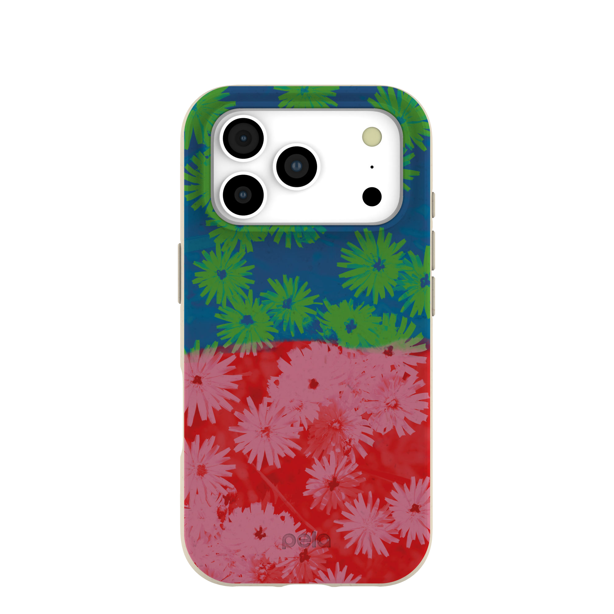 A phone case with a red and blue background and a pattern of pink and green flowers.