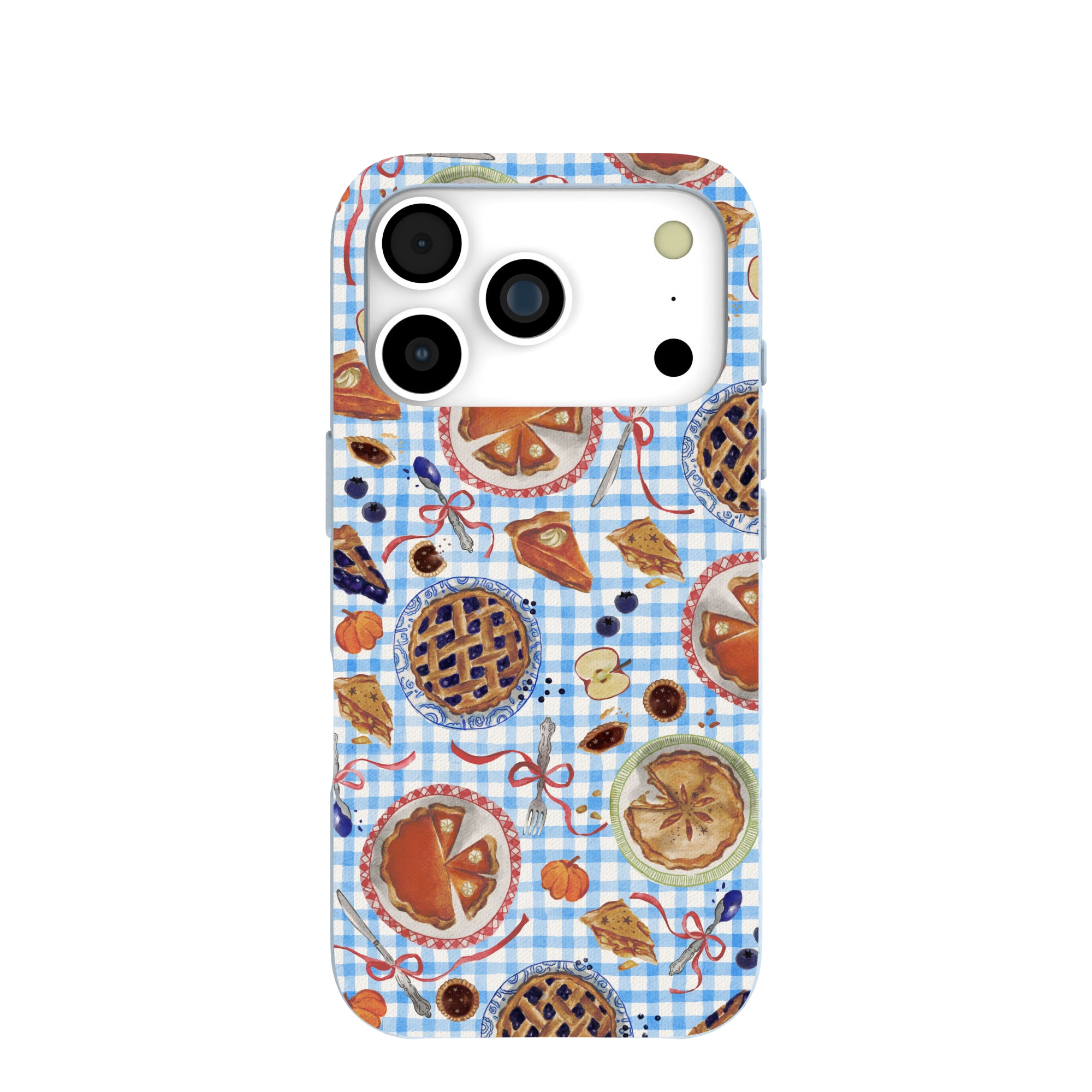A brown phone case with a painted illustration of sheep grazing in a mountain meadow.