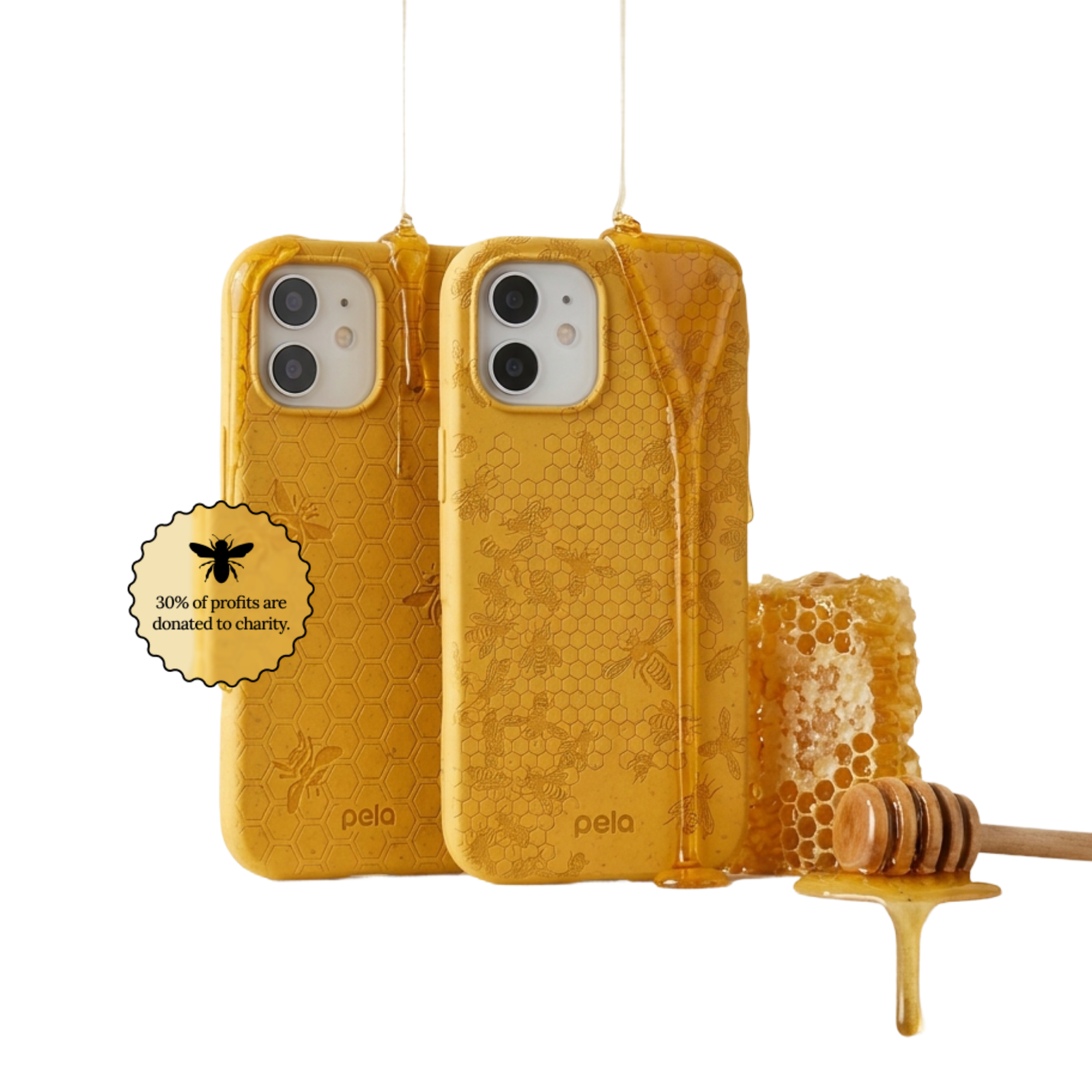 Two yellow phone cases with a honeycomb pattern are drizzled with honey next to a real honeycomb.