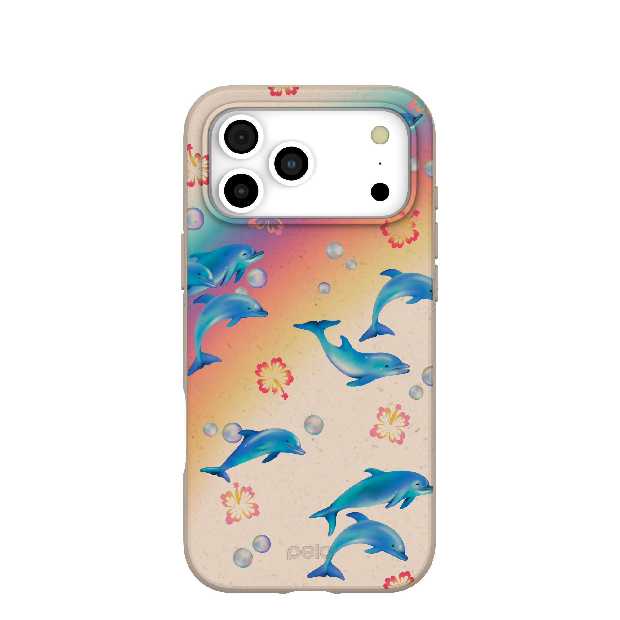 A phone case with a colorful pattern of dolphins, hibiscus flowers, and bubbles on a beige background.