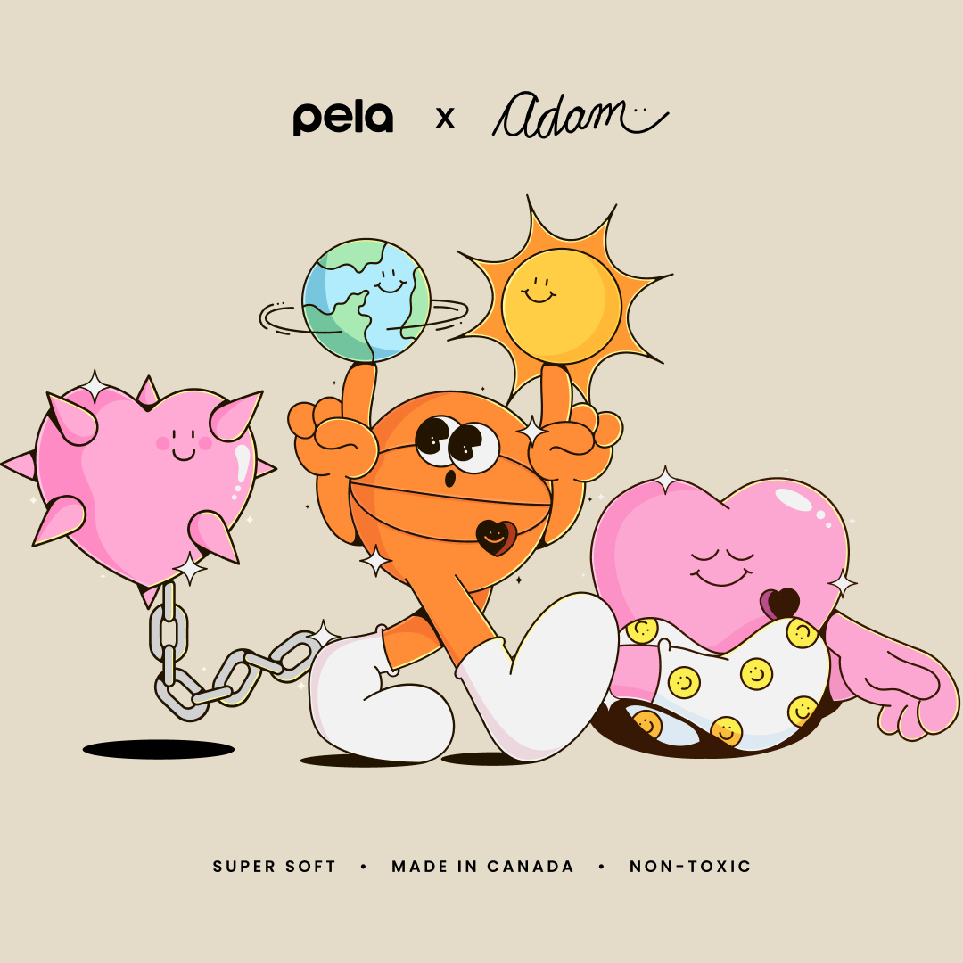An illustration of a cartoon basketball spinning the Earth and Sun, flanked by two heart characters.