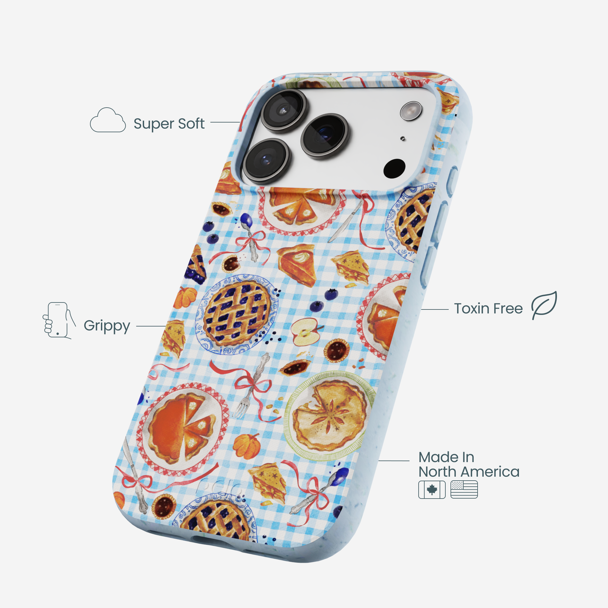 A phone case with a pattern of various pies on a blue and white gingham background.