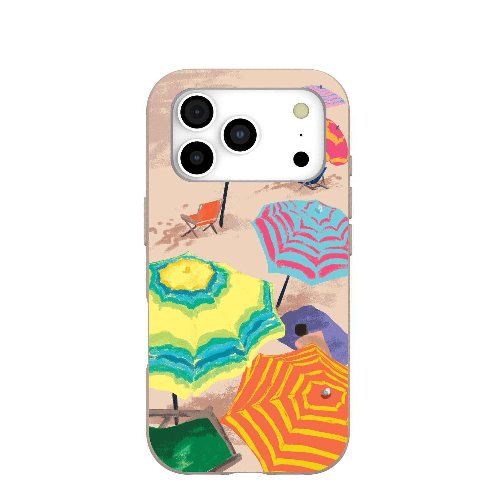 A phone case with a colorful illustrated beach scene with umbrellas and chairs.