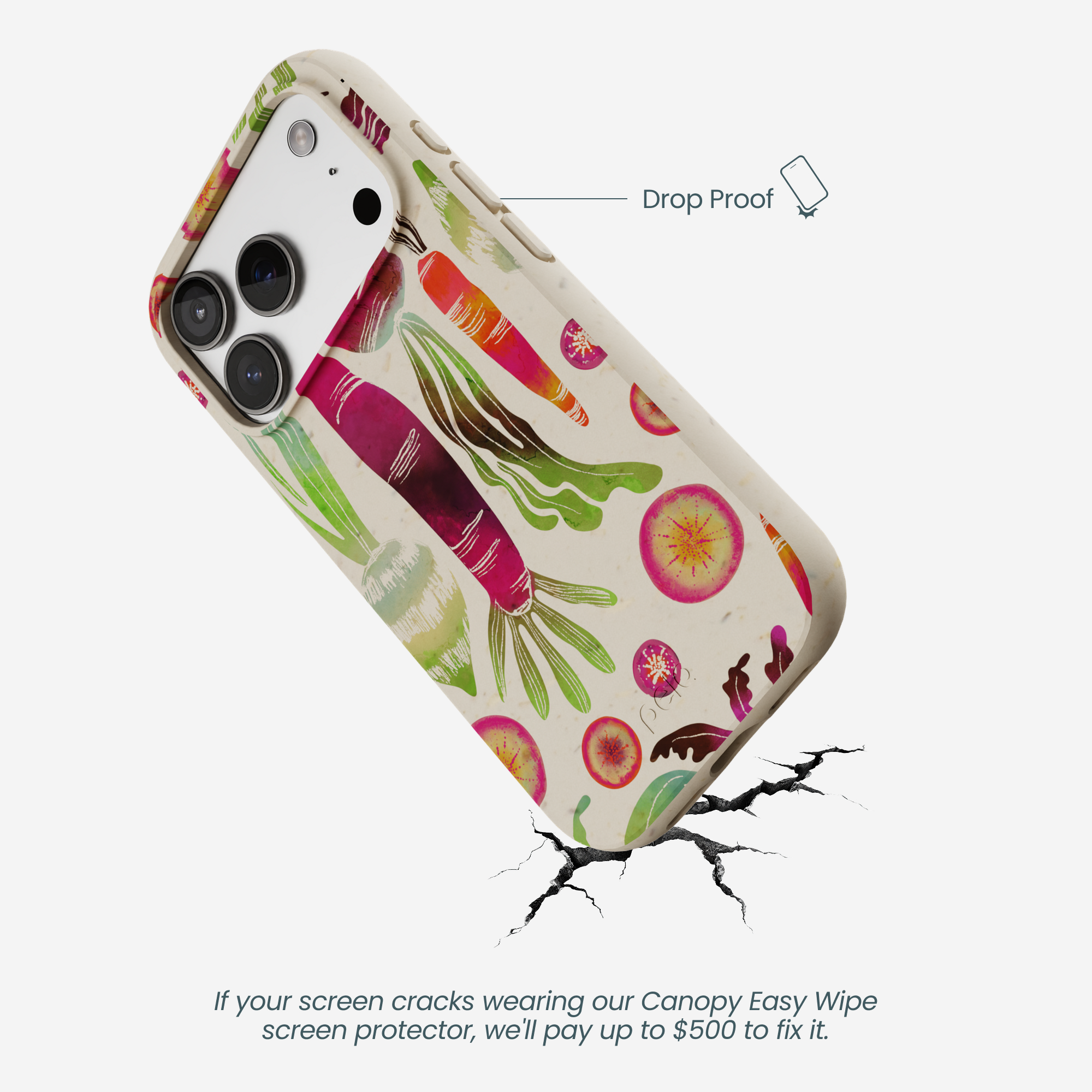 A phone in a case with a colorful root vegetable pattern, shown hitting a cracked surface.
