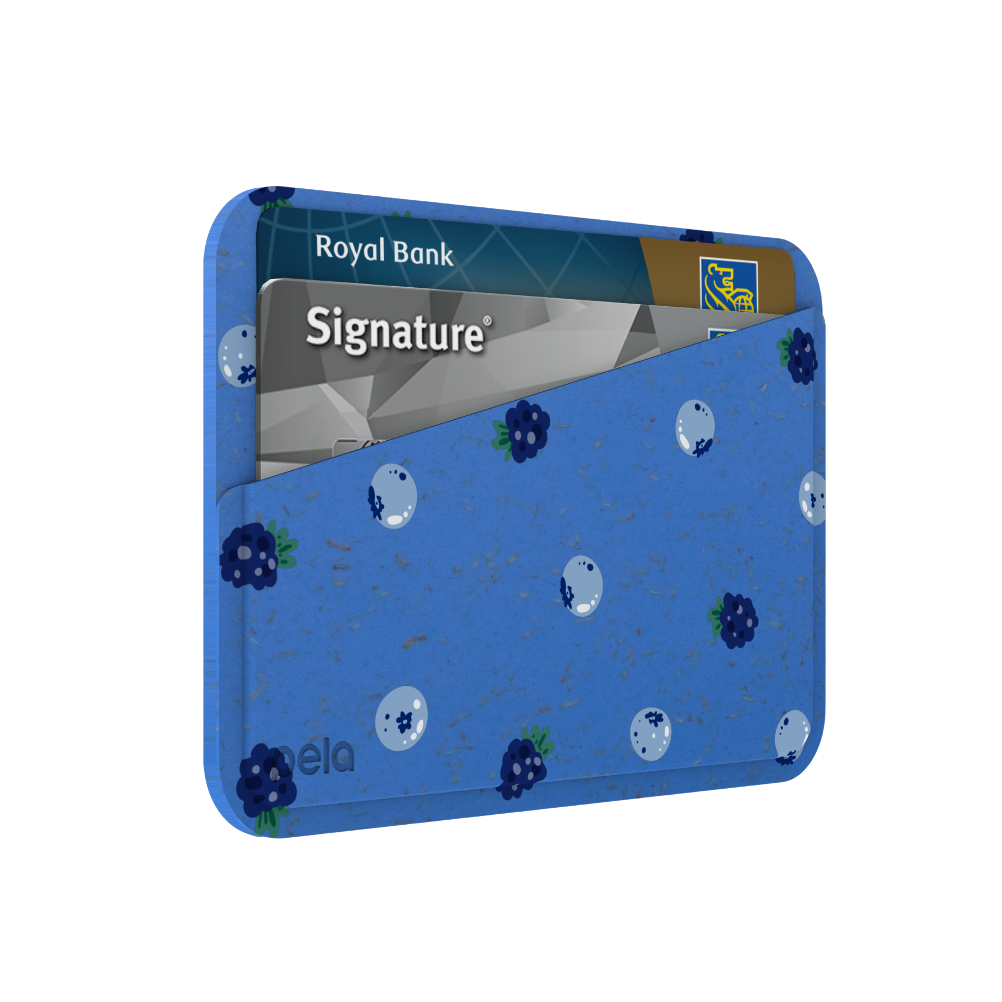 A blue cardholder with a blackberry and bubble pattern, holding two credit cards against a white background.