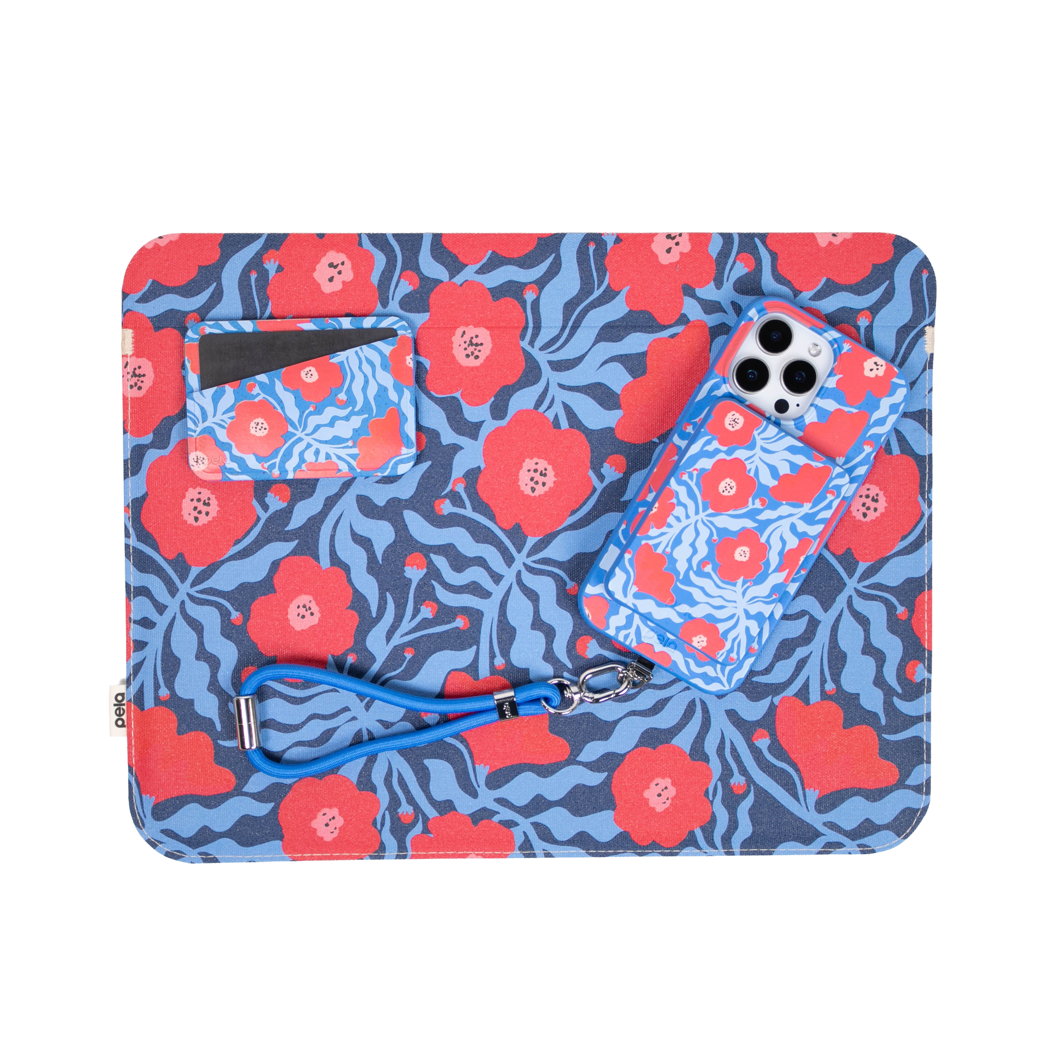 A phone case, wallet, and pouch set with a matching red poppy and blue leaf design.