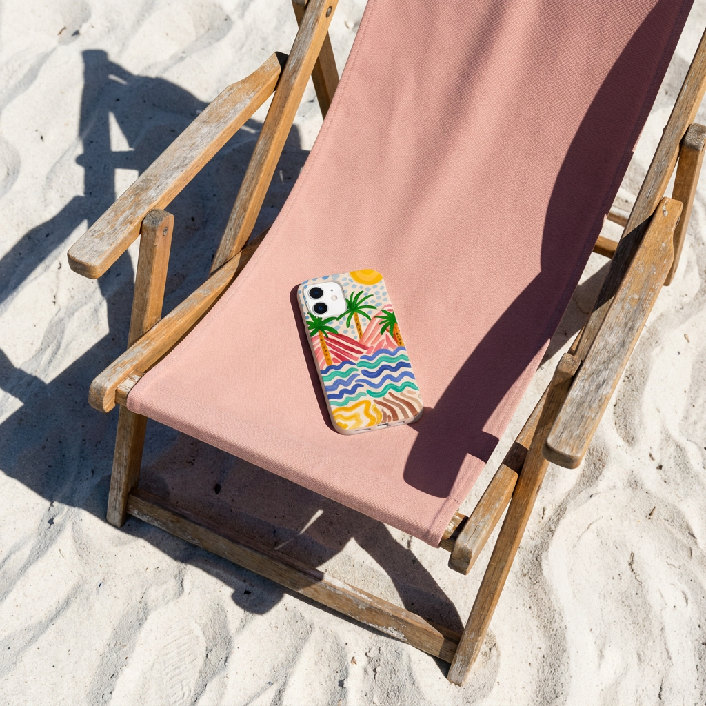 A smartphone with a colorful, tropical-themed case lies on a pink canvas beach chair on white sand.