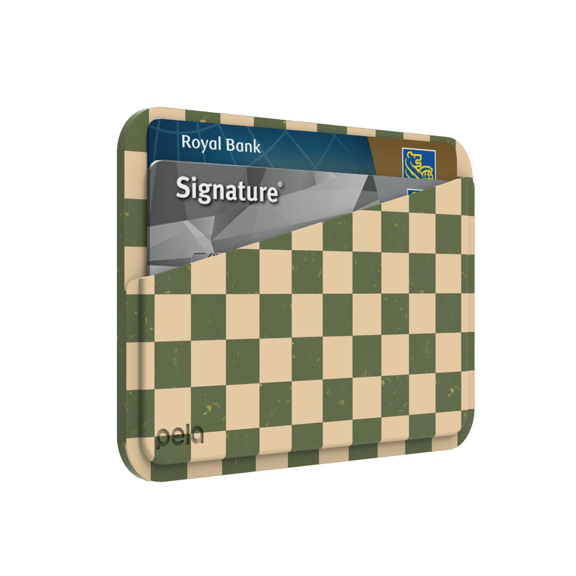 A Pela cardholder with a green and beige checkerboard pattern holding two credit cards against a white background.