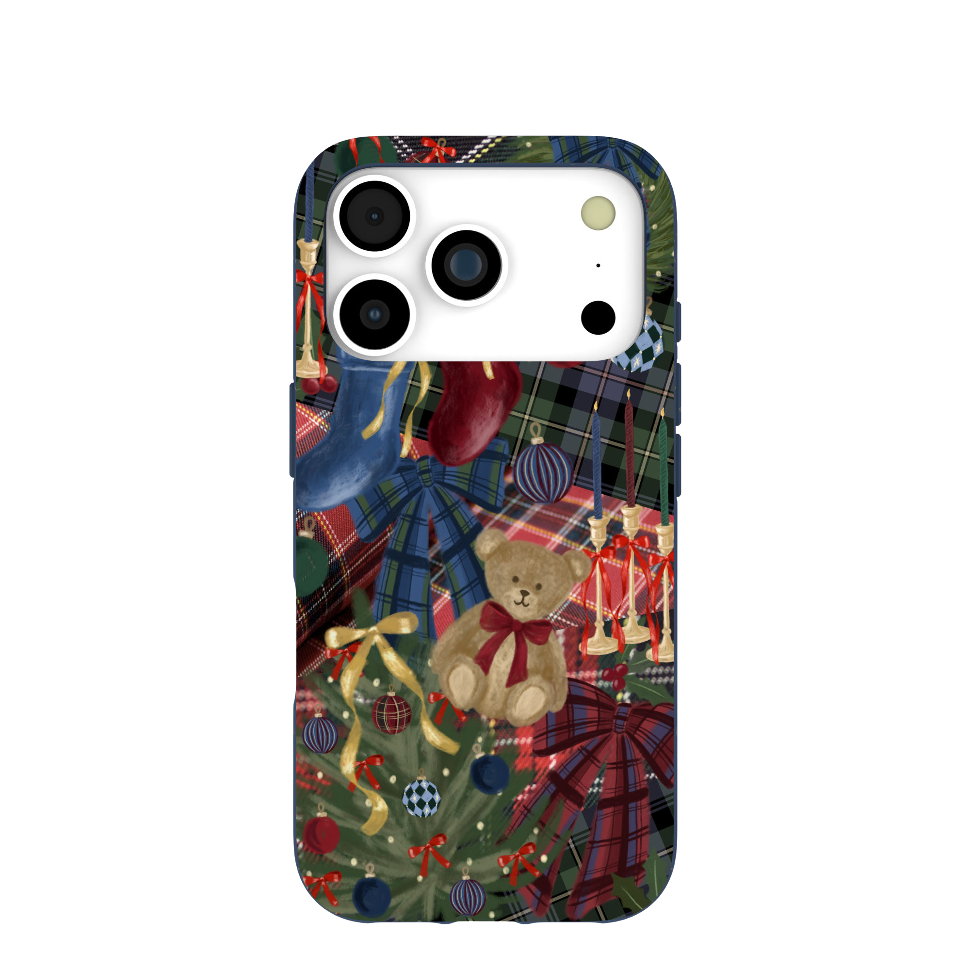 A phone case with a festive Christmas collage pattern of plaid, a teddy bear, and ornaments.