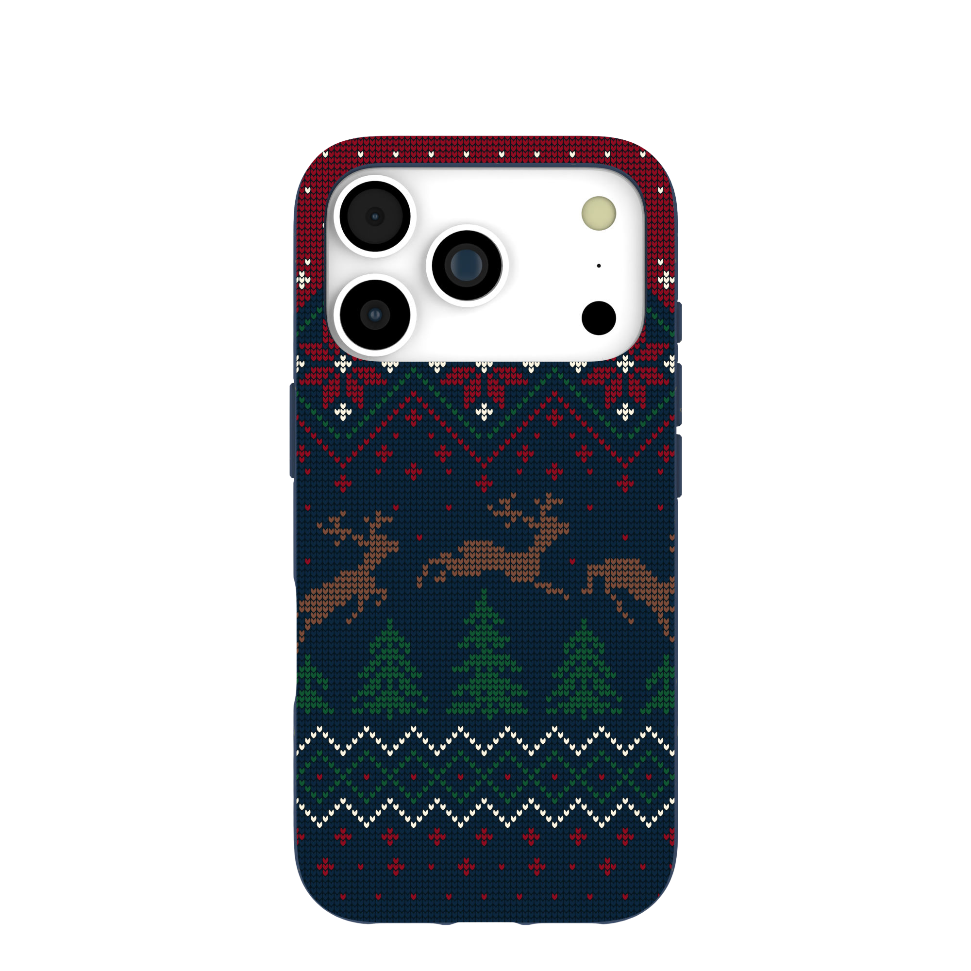A smartphone case with a Christmas sweater knit pattern featuring reindeer and pine trees.