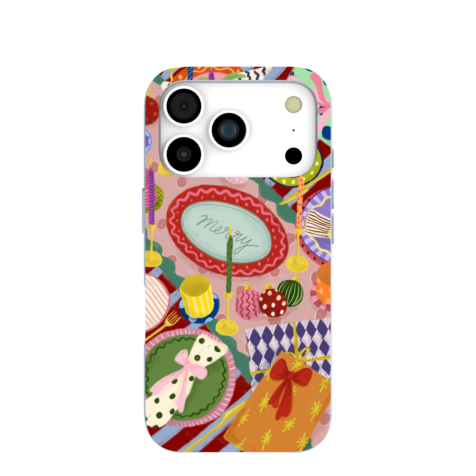 A phone case with a colorful, hand-drawn illustration of a festive holiday party table setting.