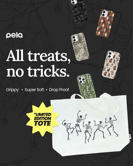 An advertisement for Pela's Halloween-themed phone cases and a limited edition tote bag with dancing skeletons.