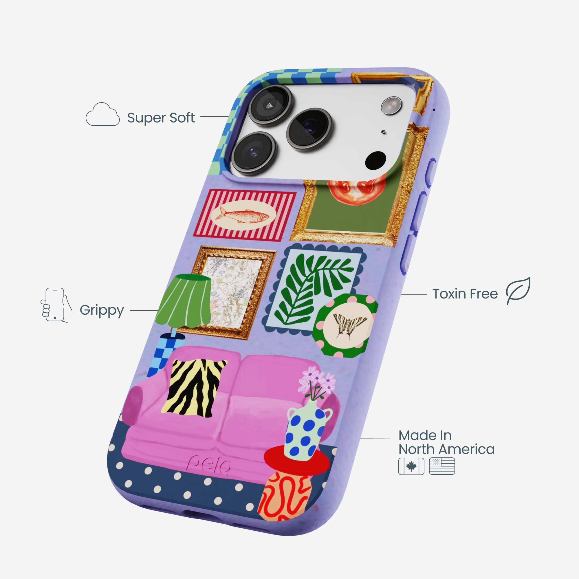 A purple phone case with a colorful illustration of a living room, with text highlighting its features.