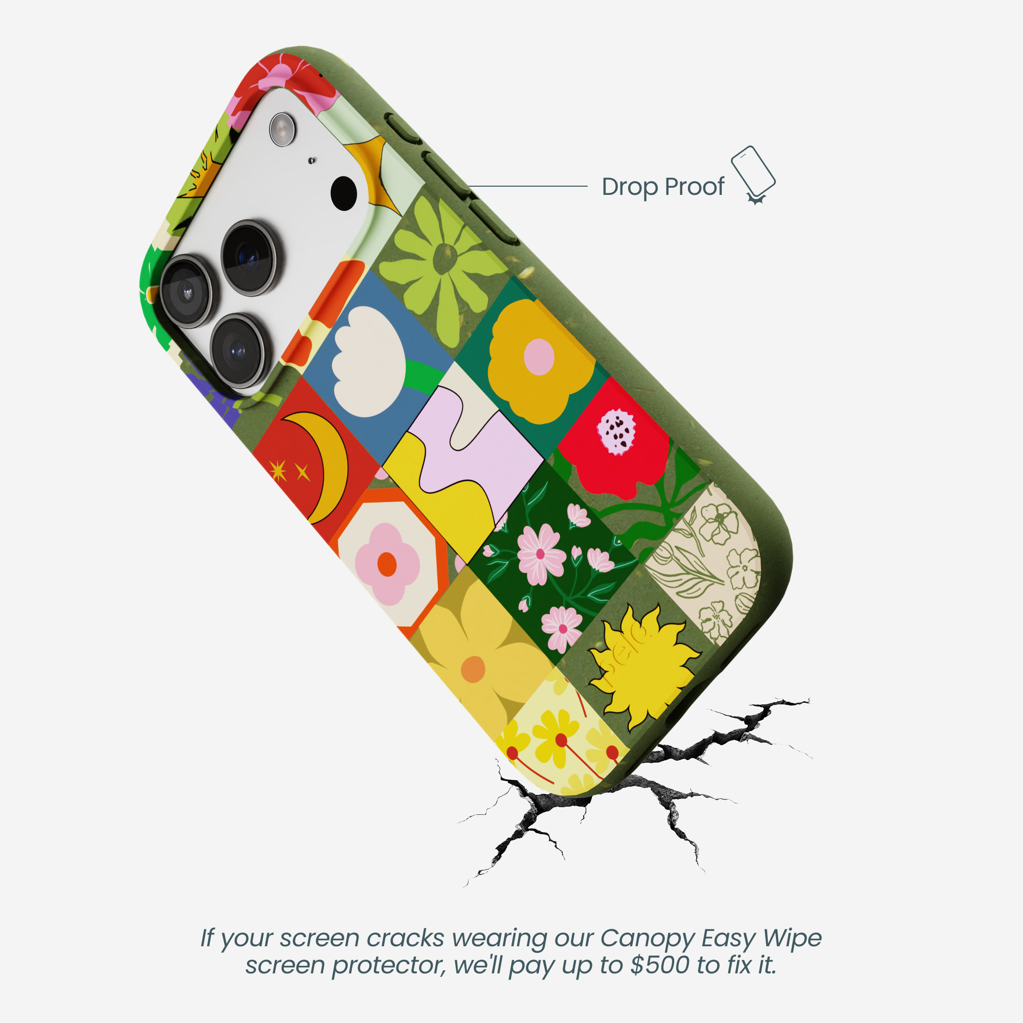 A smartphone in a colorful, patterned case is shown being dropped, cracking the surface it hits.