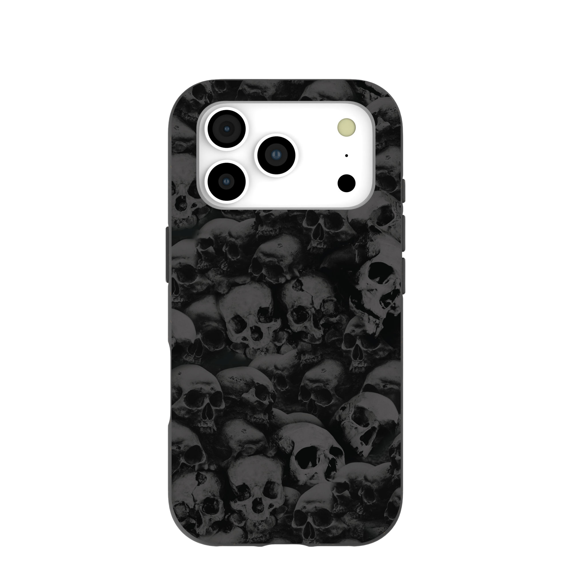 A phone case with a pattern of black cats, musical notes, and balls of yarn on it.