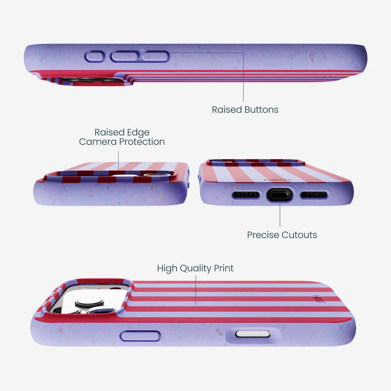 Infographic detailing the features of a lavender phone case with red and white stripes.