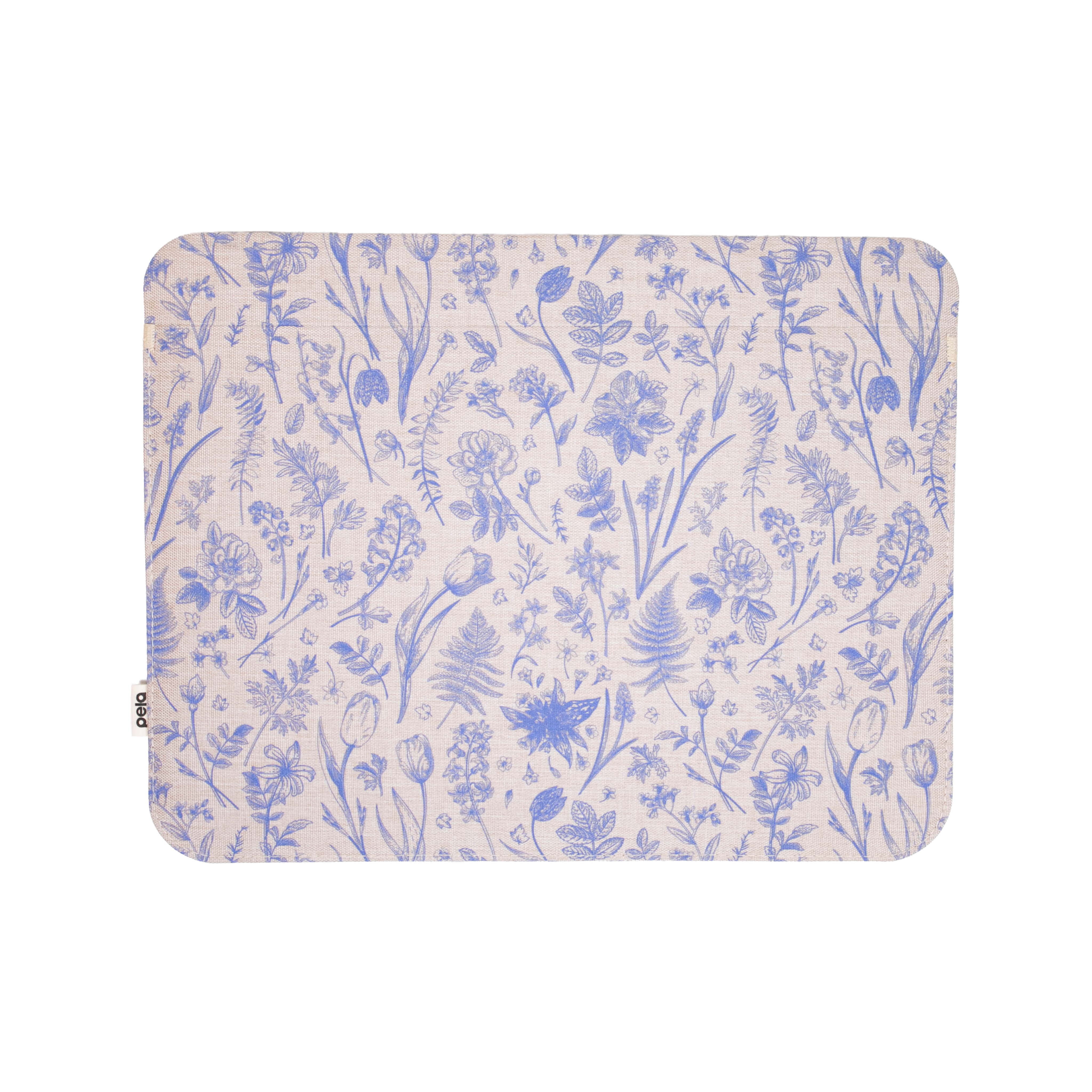 A rectangular pouch with a blue botanical line drawing pattern on a light-colored textured background.