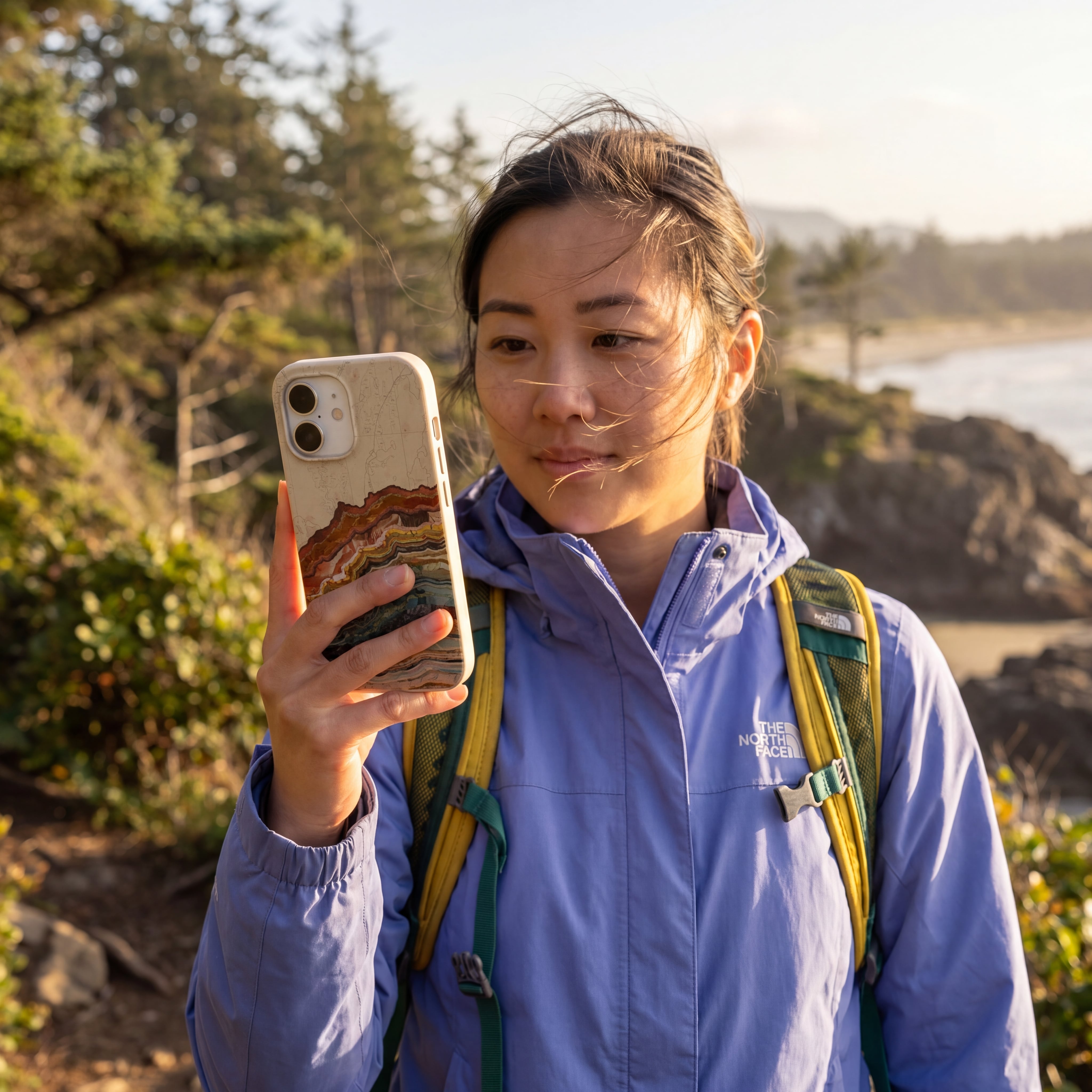 A woman in a purple jacket and backpack looks at her phone while hiking near the coast.