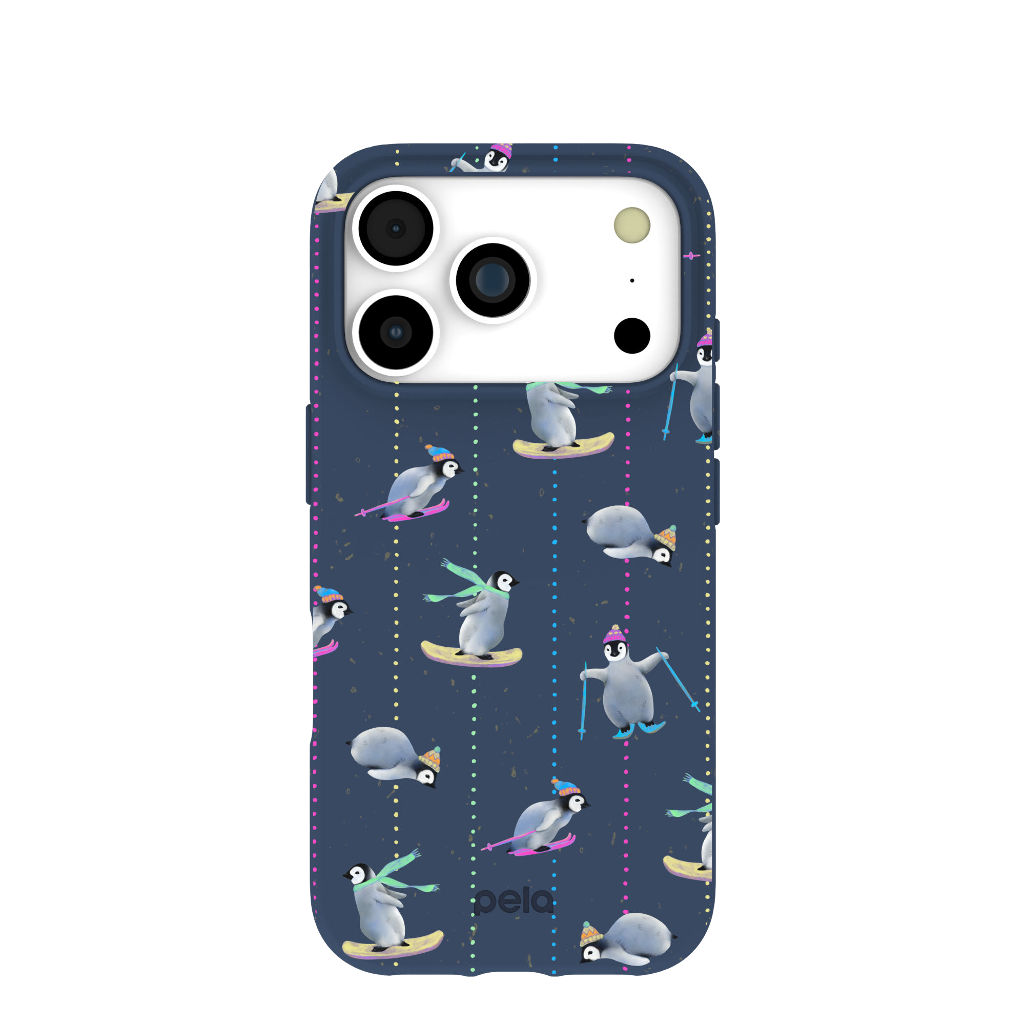 A dark blue phone case with a repeating pattern of cartoon penguins skiing and snowboarding.