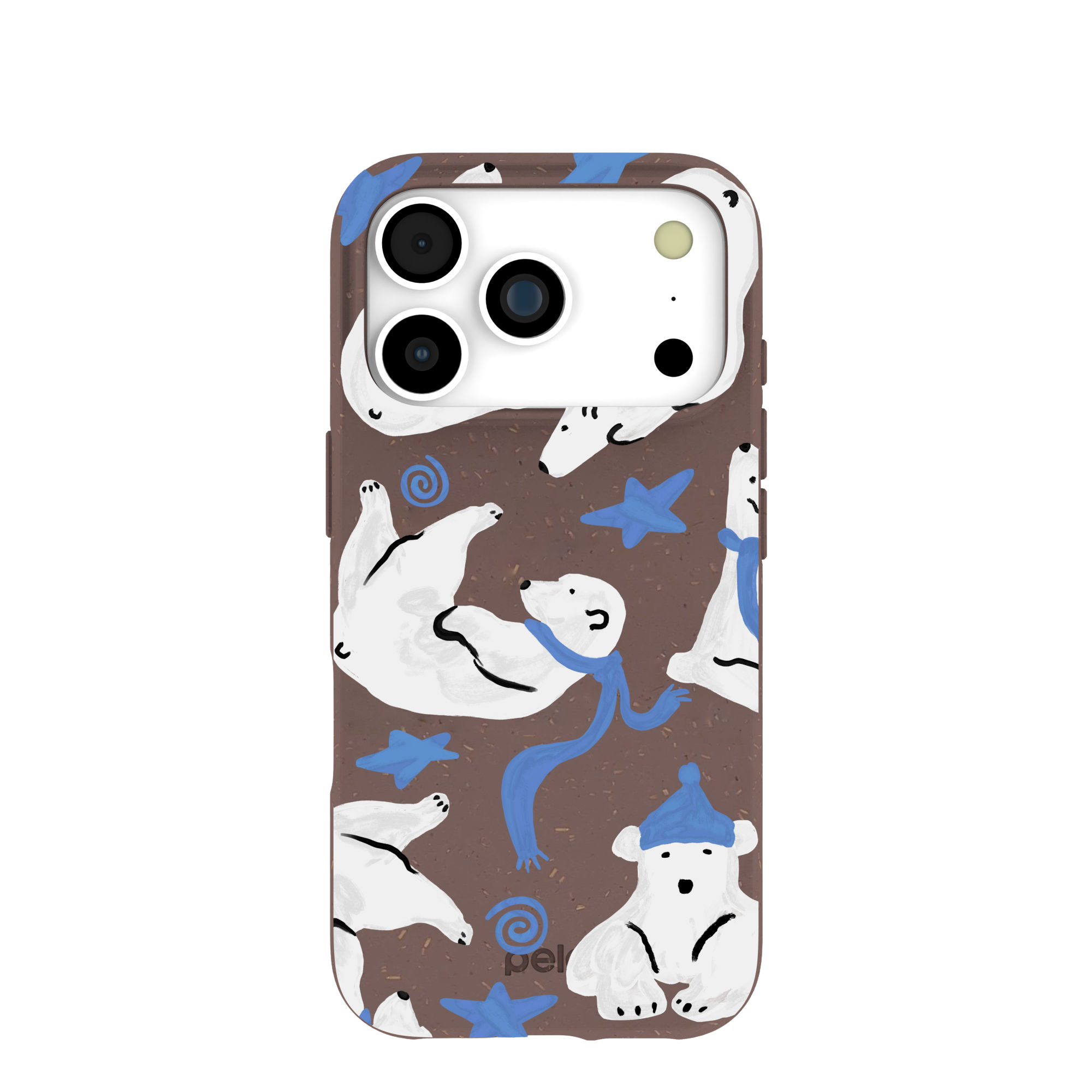 A brown phone case with a pattern of cartoon polar bears wearing blue hats and scarves.