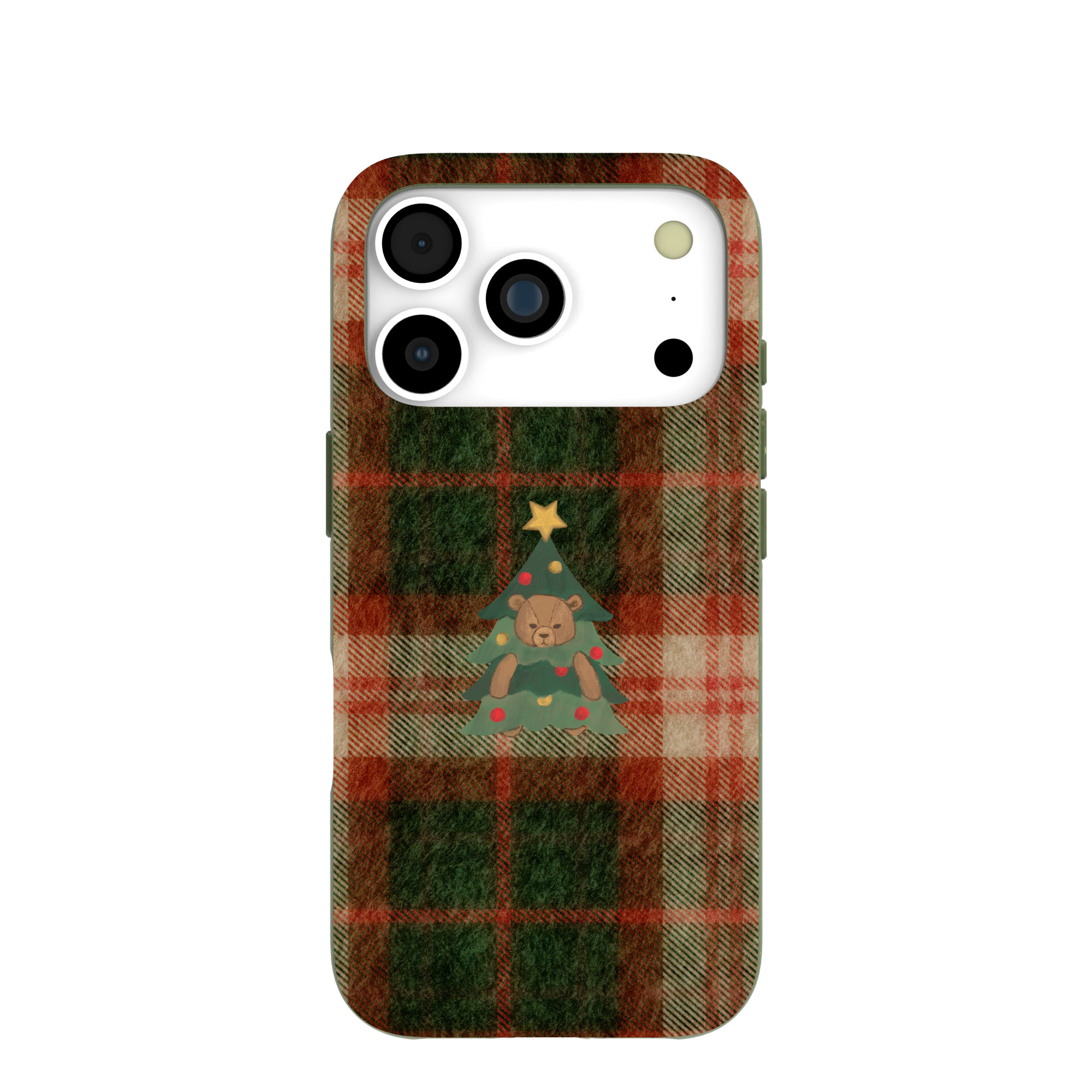 A red and green plaid phone case with a graphic of a teddy bear inside a Christmas tree.