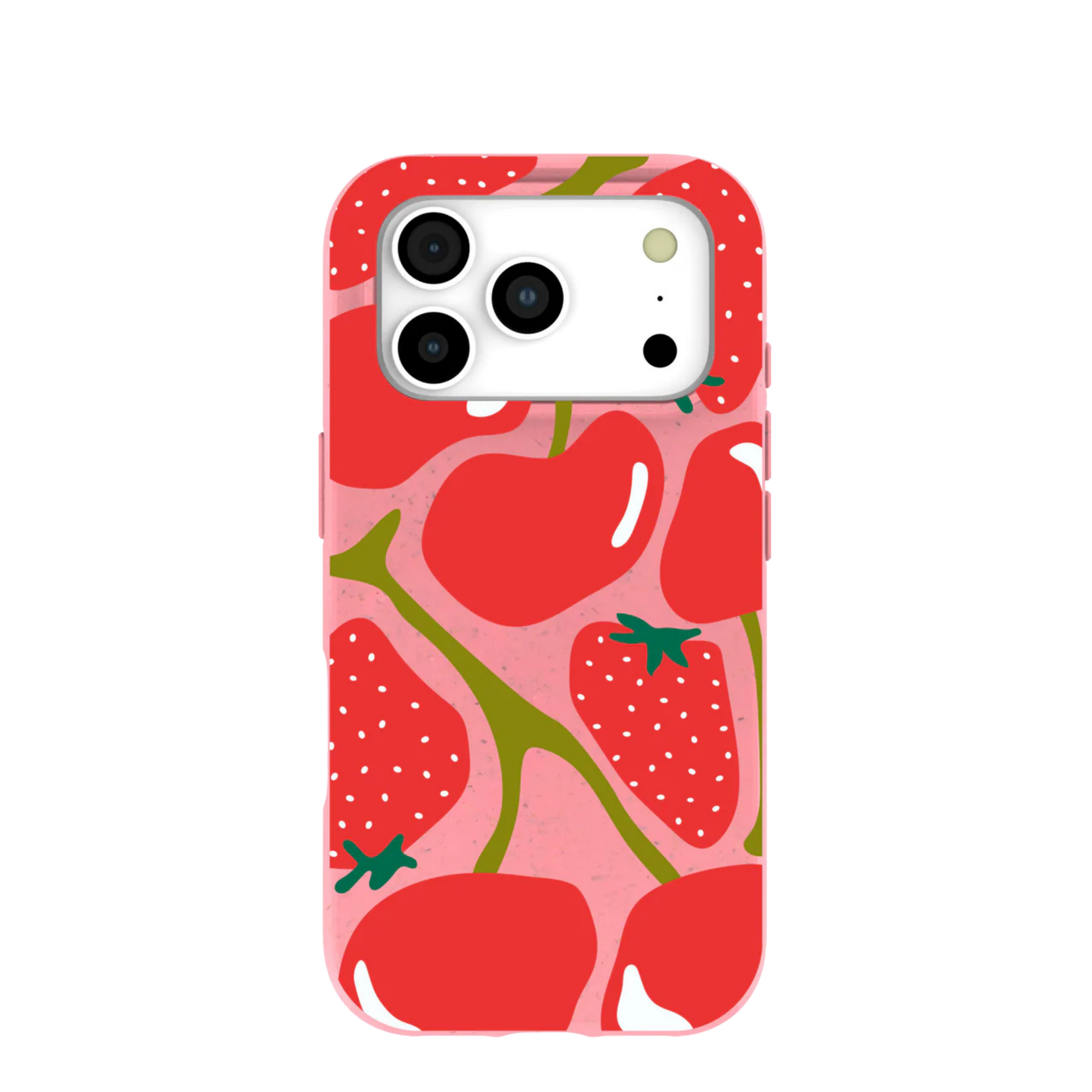 A phone case with a red strawberry and cherry pattern on a pink background.