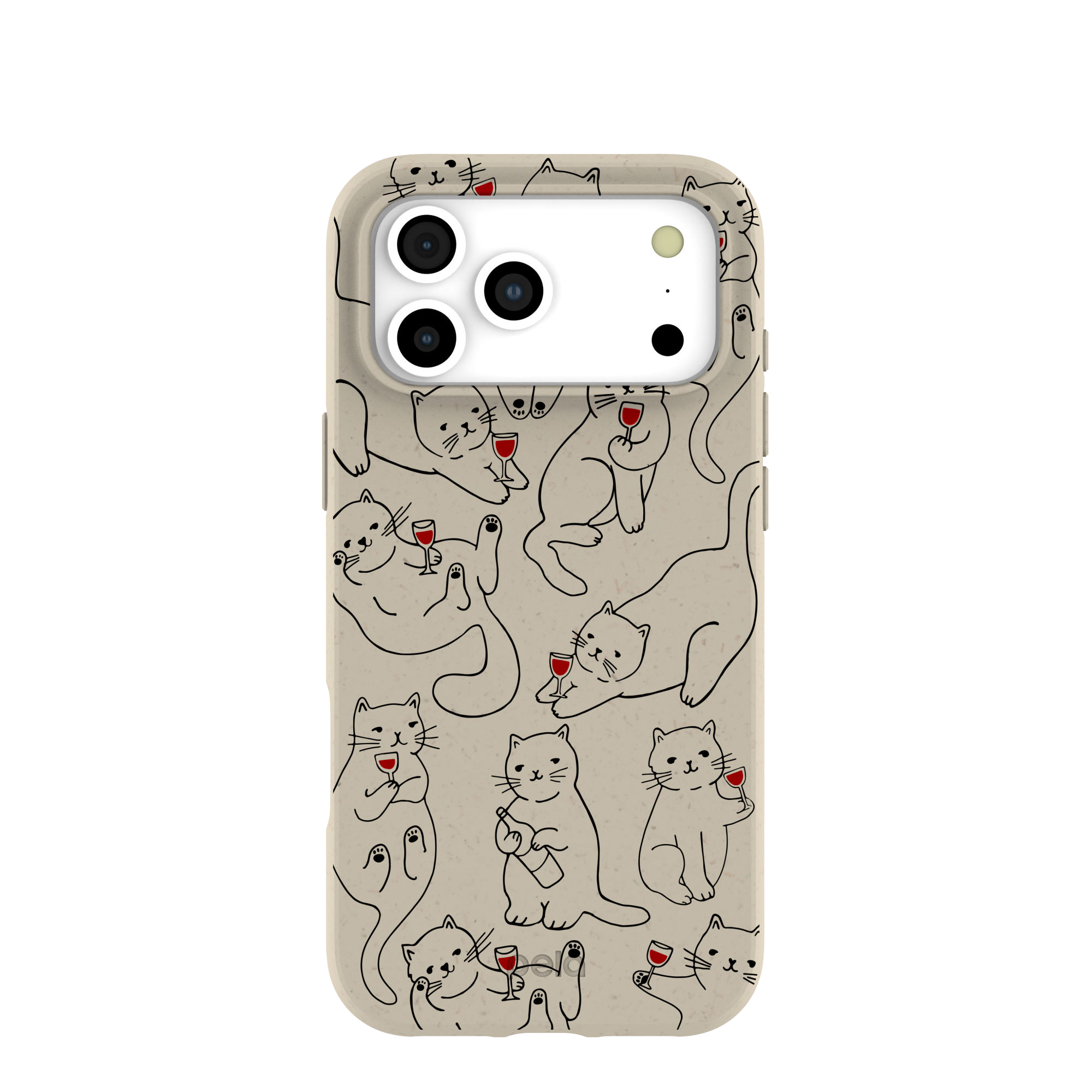 A beige phone case with a repeating pattern of cartoon cats drinking red wine.
