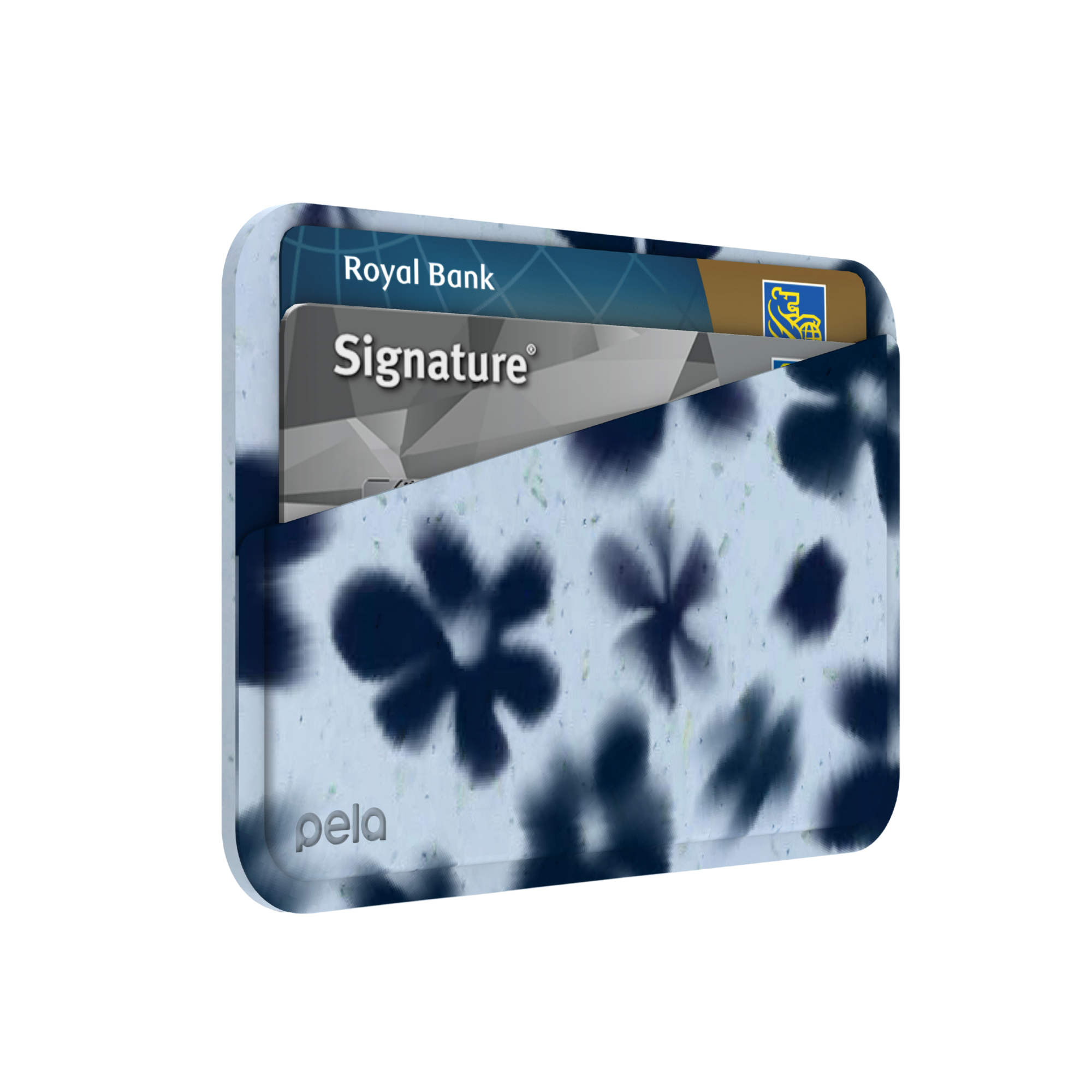 A Pela card holder with a blue and white floral pattern, holding two bank cards.