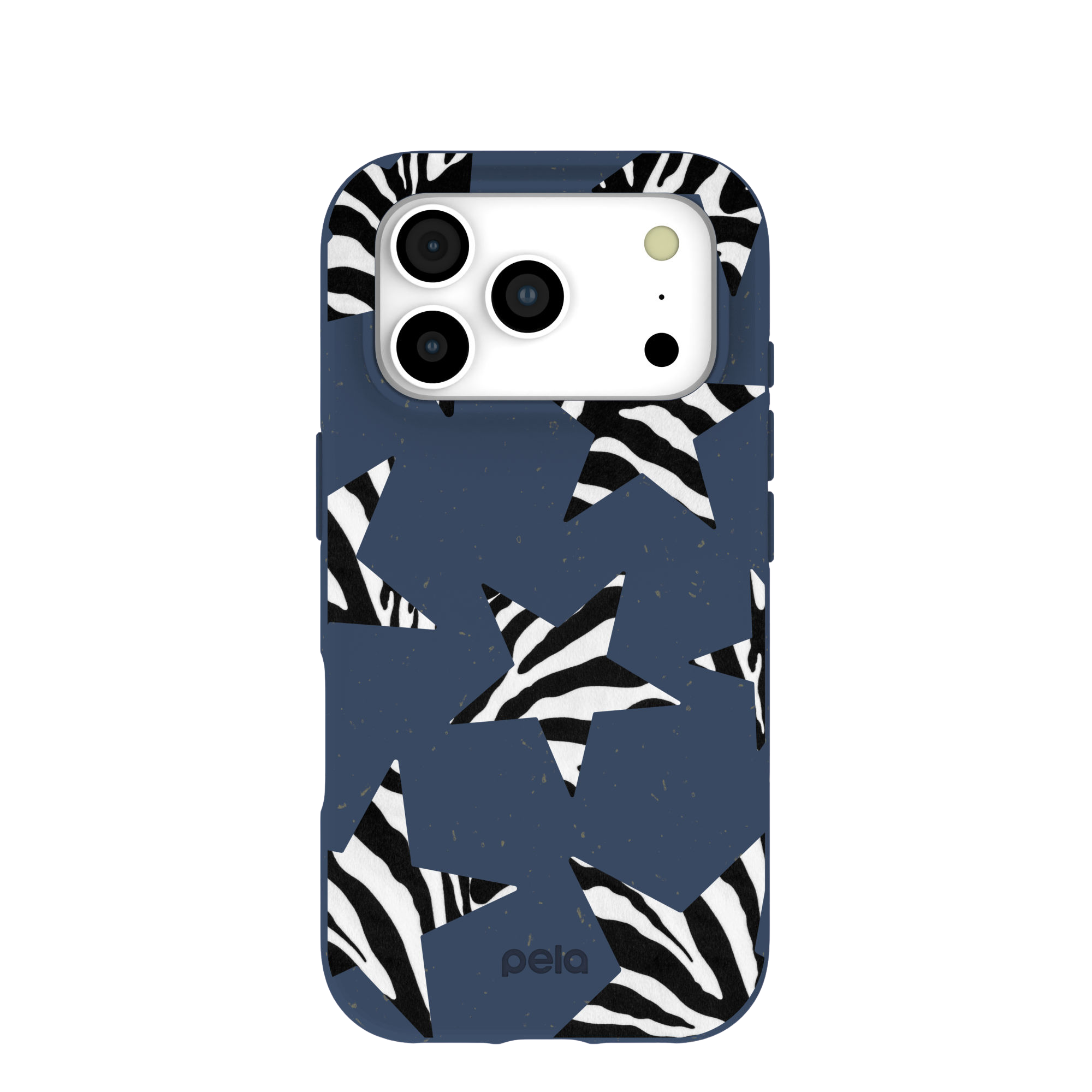 A dark blue phone case with stars that have a black and white zebra print pattern.